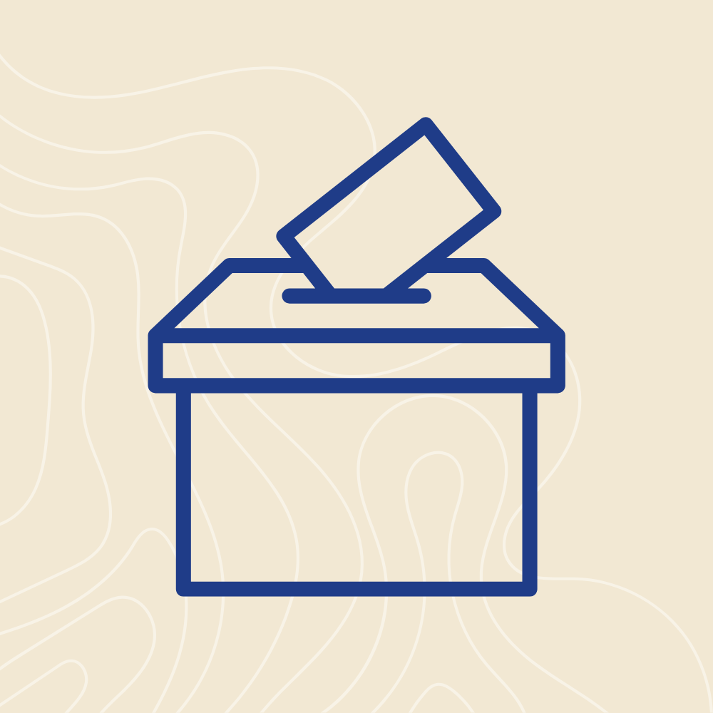 Line drawing of a ballot box with a ballot being inserted.
