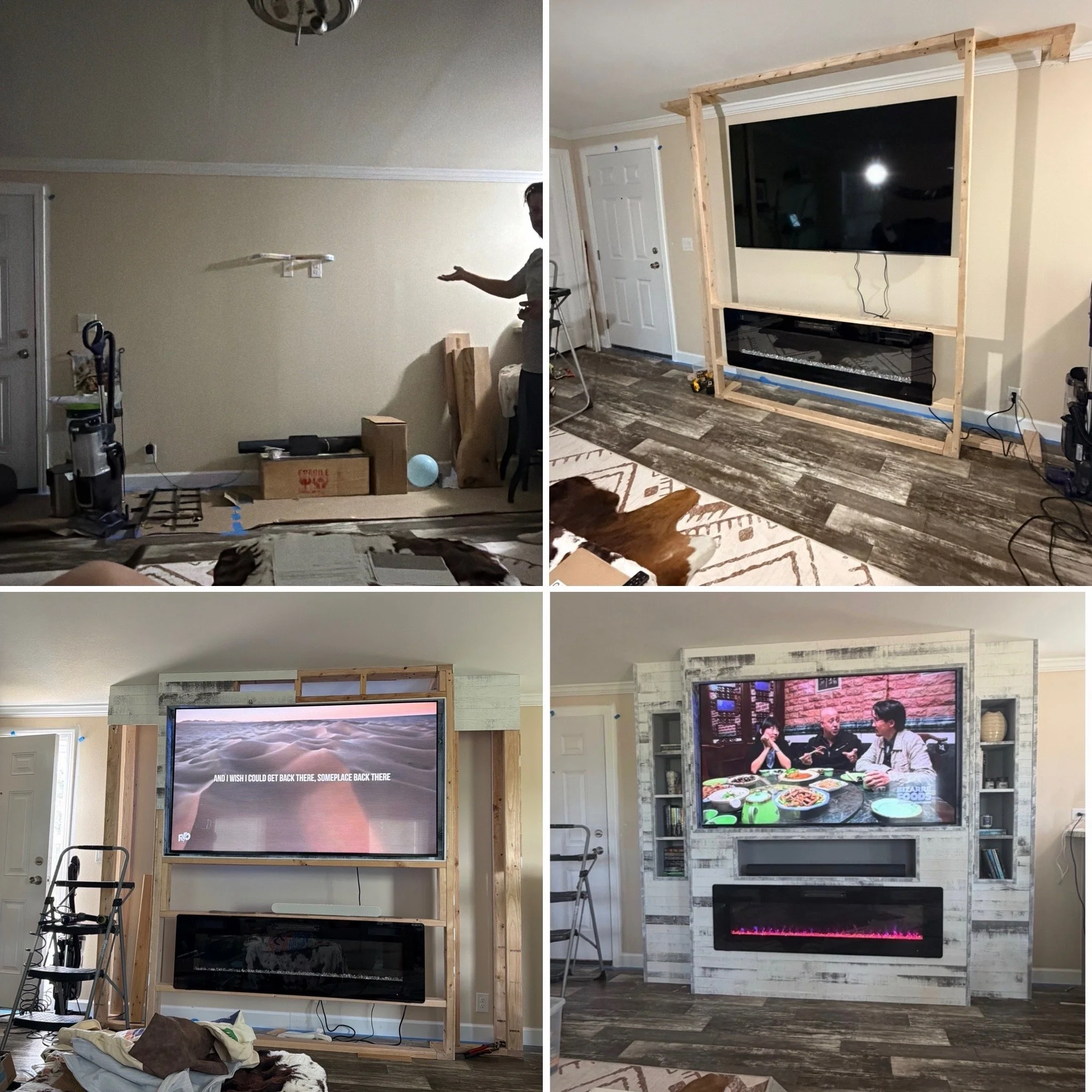 Four-photo progression showing a custom living room entertainment center build, from a blank wall to a finished built-in with TV, fireplace, and side shelving.