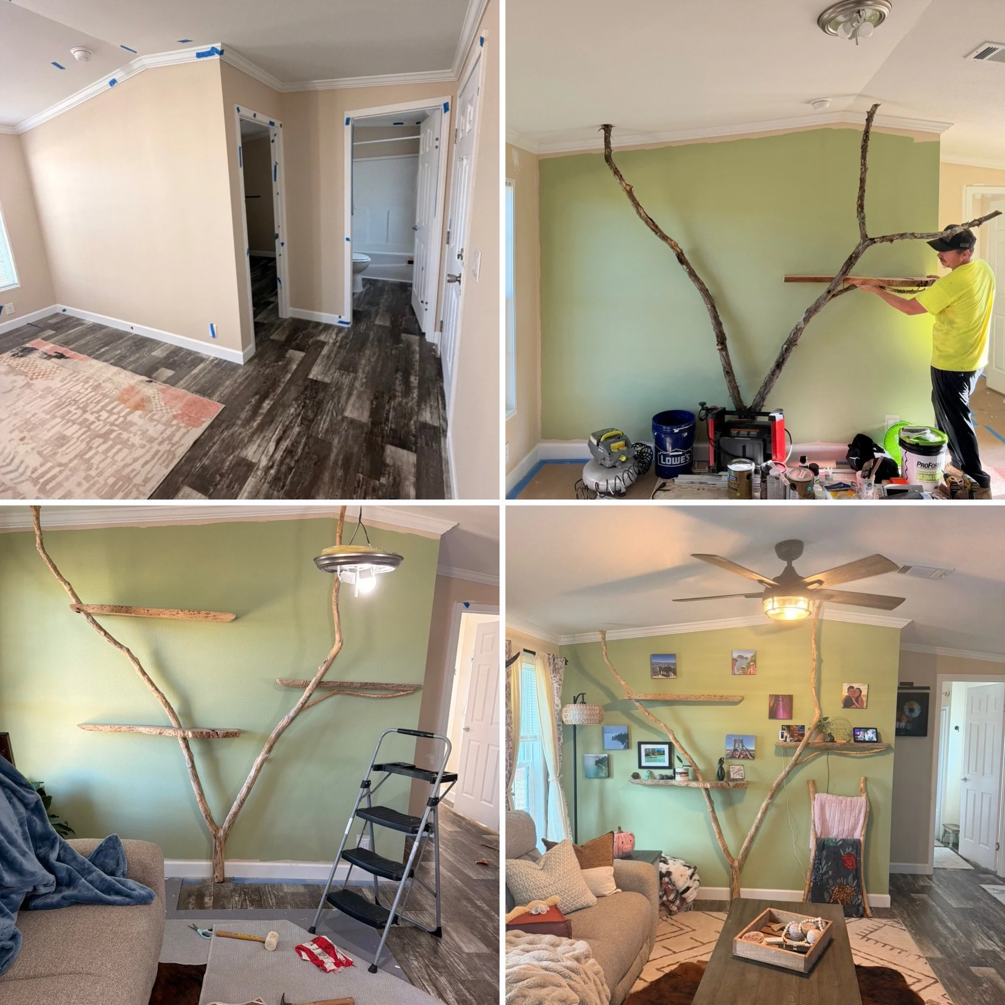 Four-photo progression showing a living room transformation from an unfinished space to a completed room with a green accent wall, custom natural tree feature with floating real wood shelves