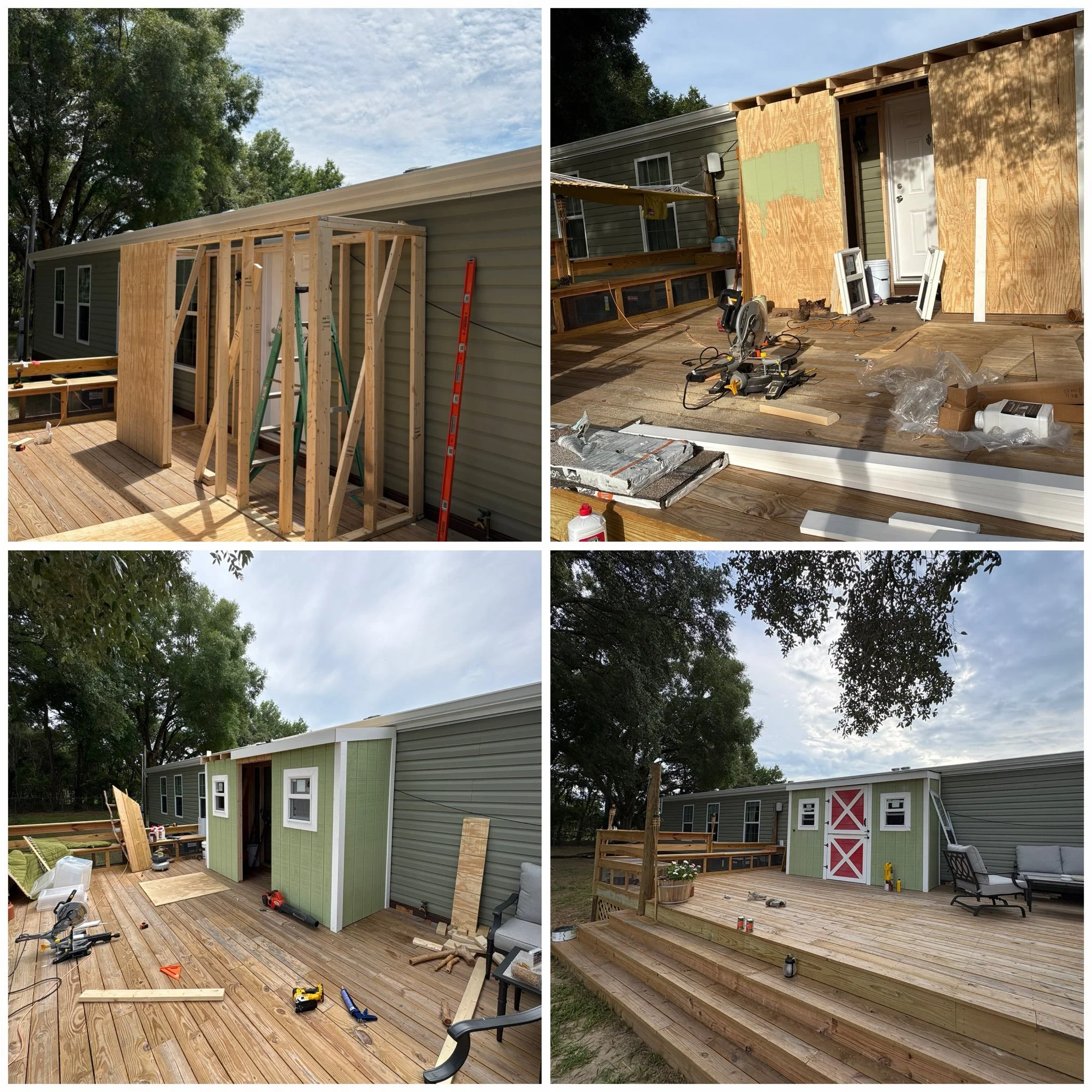 Before, during, and after photos of a custom mudroom, showing framing, construction, and the completed space