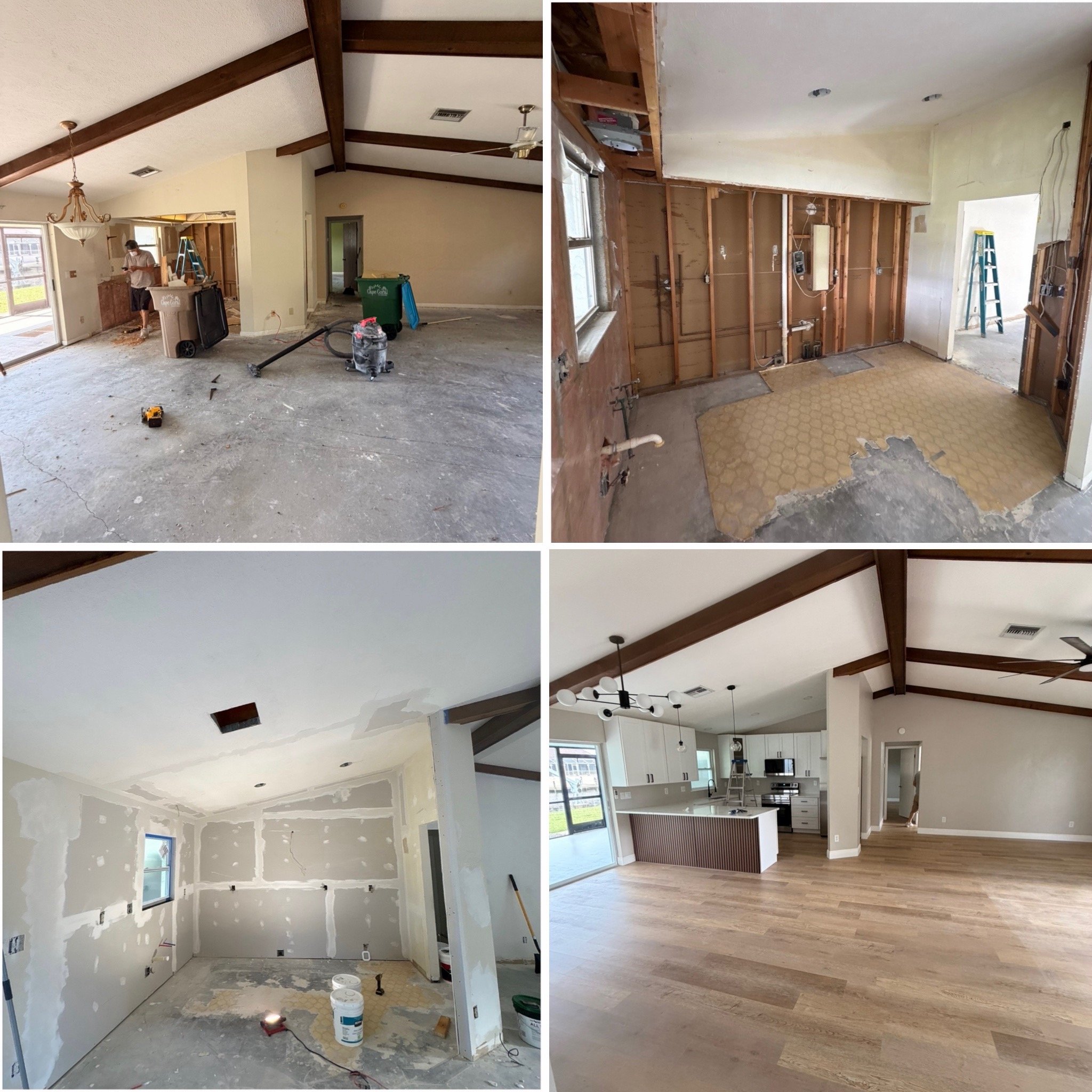 Four-photo progression showing a kitchen and living area renovation from demolition and construction to a finished open concept space with wood-look flooring, white cabinets, large island, modern lighting, and finished walls