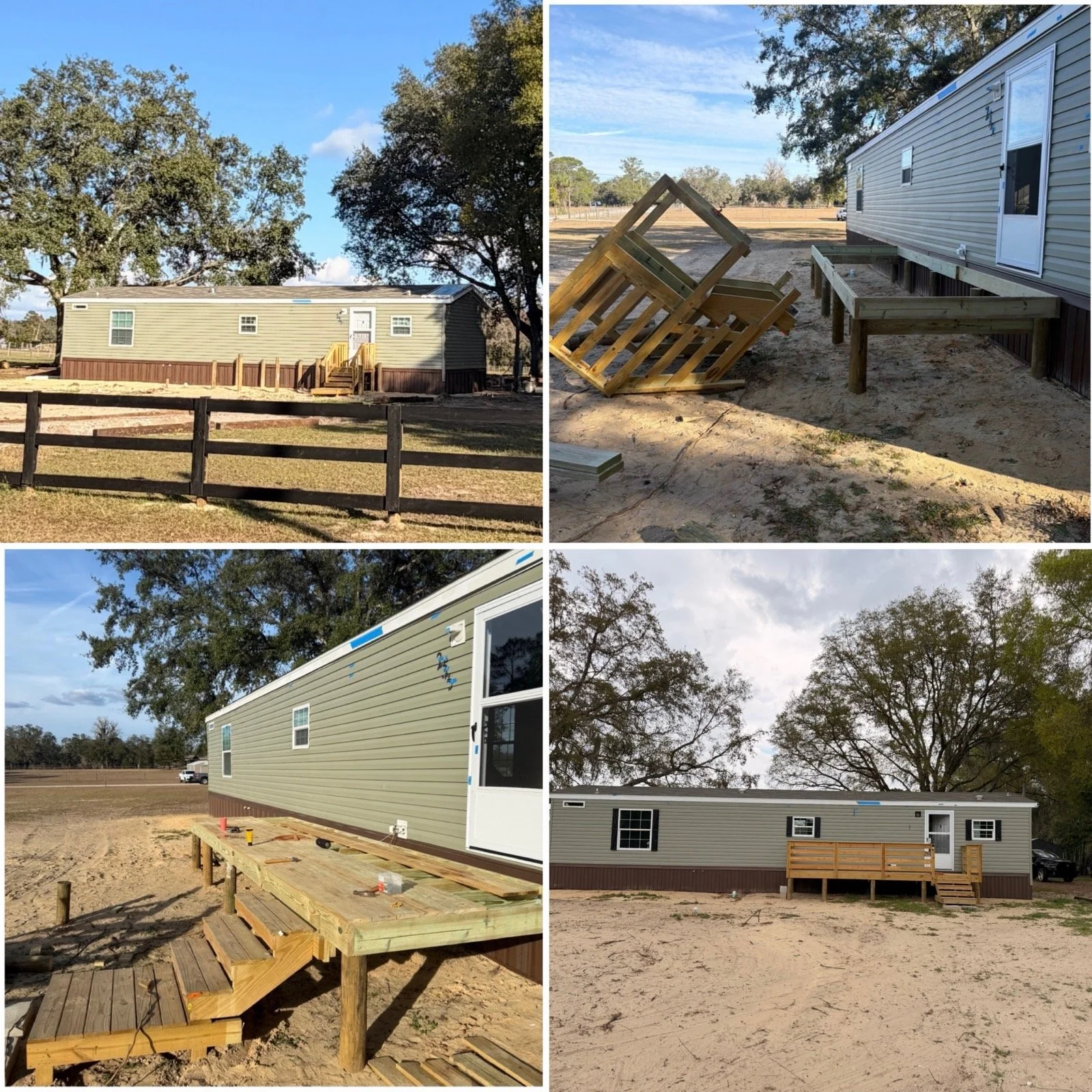Four-photo progression showing the construction of a new front deck on a mobile home, from the original entry with steps through deck framing and construction to a completed raised wooden deck with railing and the original steps reused