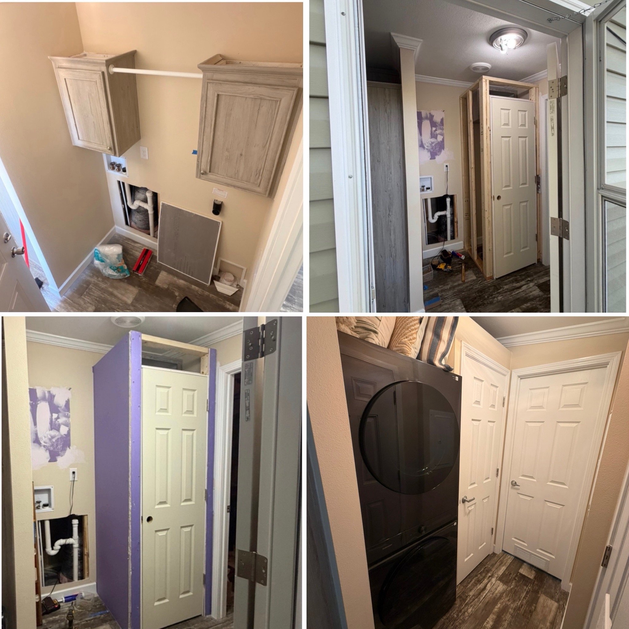 Four-photo progression showing a laundry room renovation from the original space through construction to a completed area with a built-in storage closet