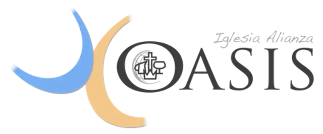 Logotipo de Oasis con letras y un diseño abstracto de formas curvas en azul y beige.