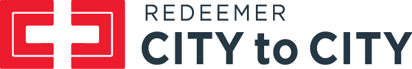 Logo con un símbolo estilizado en rojo y texto en negro que dice 'REDEEMER CITY to CITY'