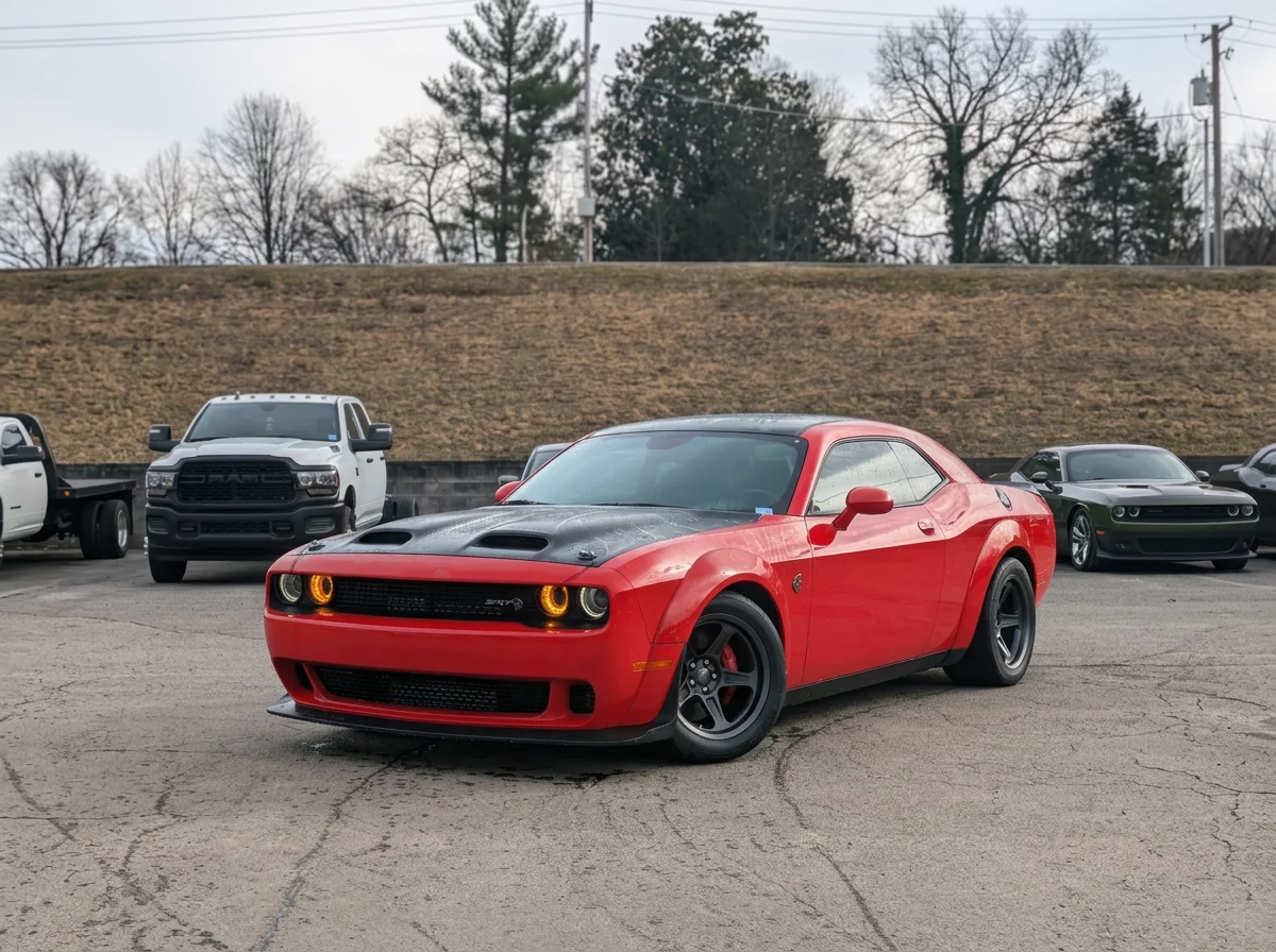 Red Dodge Challenger with black hood, parked in a lot with other vehicles and a hill in the background.