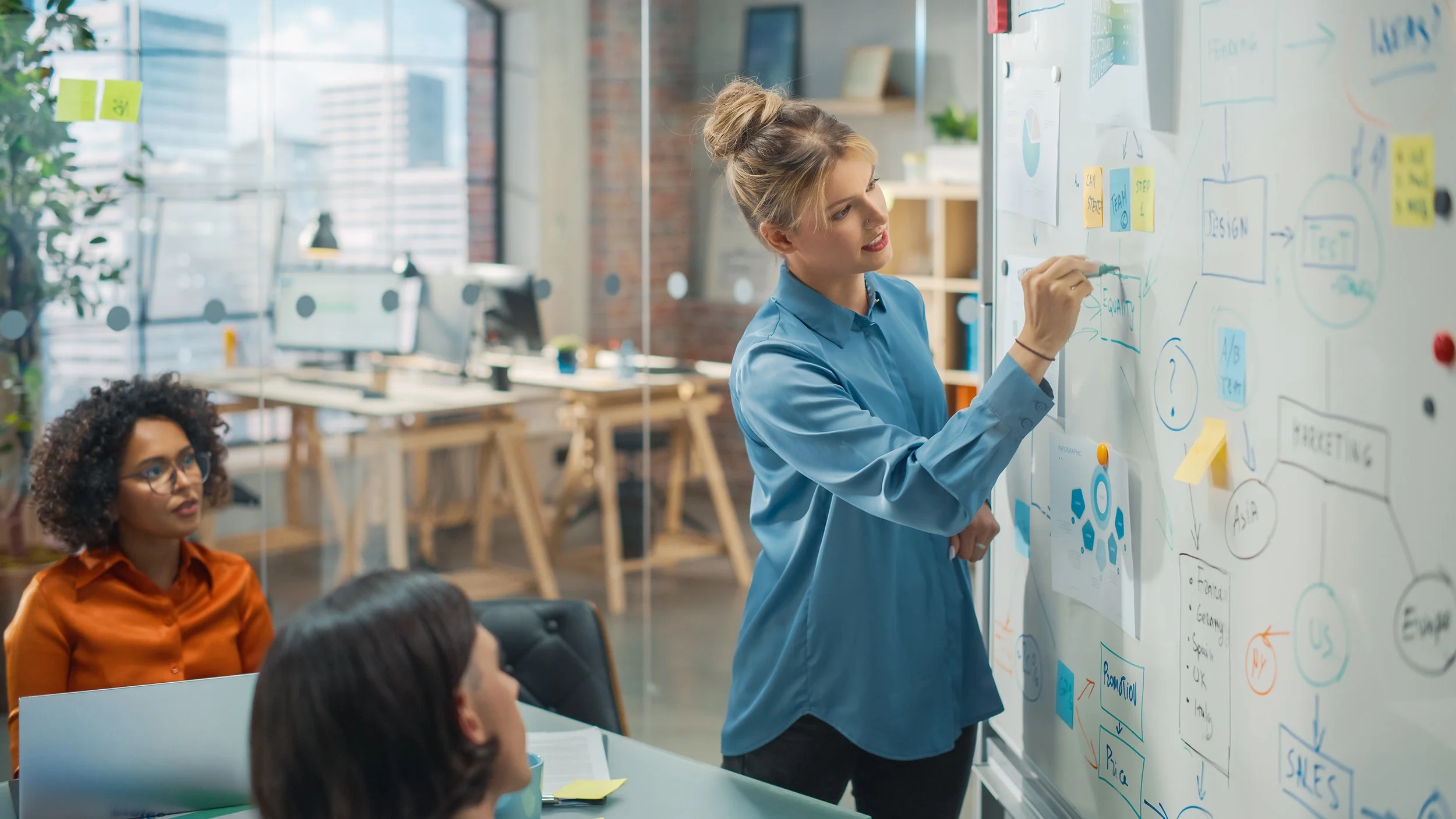 Learn It Media. A woman in a blue shirt writes on a whiteboard filled with diagrams and notes while a small group of people observe in a modern office space.