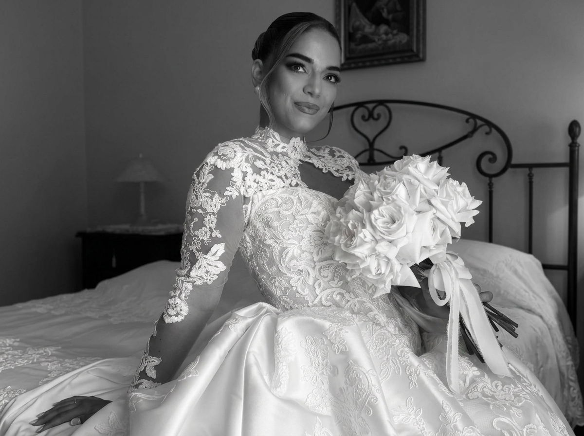 Una sposa sorridente con abito sposa Enzoani da matrimonio ricamato, seduta su un letto, che tiene un bouquet di fiori bianchi.