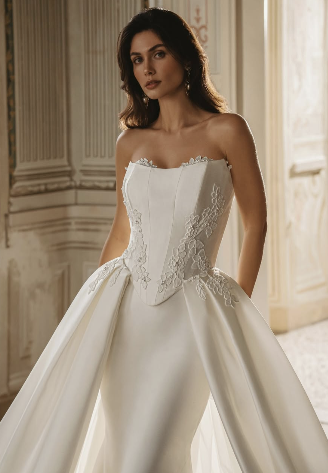 Una donna indossa un abito da sposa bianco con ricami floreali.
