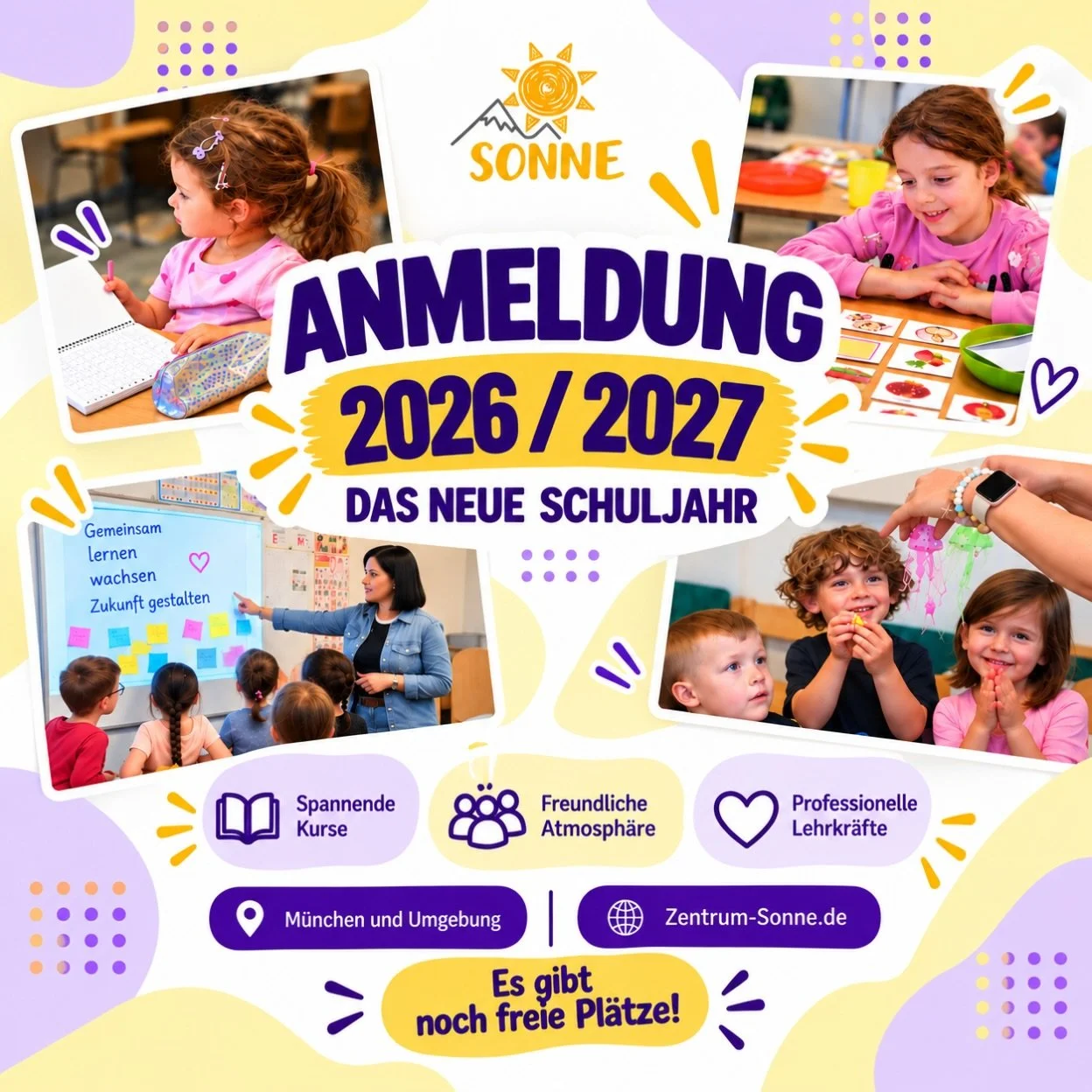 ☀️ Kinderkurse in Unterhaching &ndash; entdecken, ausprobieren, Lieblingskurs finden

Sie suchen eine sinnvolle Freizeitbesch&auml;ftigung f&uuml;r Ihr Kind &ndash; am besten direkt in Ihrer N&auml;he?

Im Entwicklungszentrum Sonne k&ouml;nnen Kinder