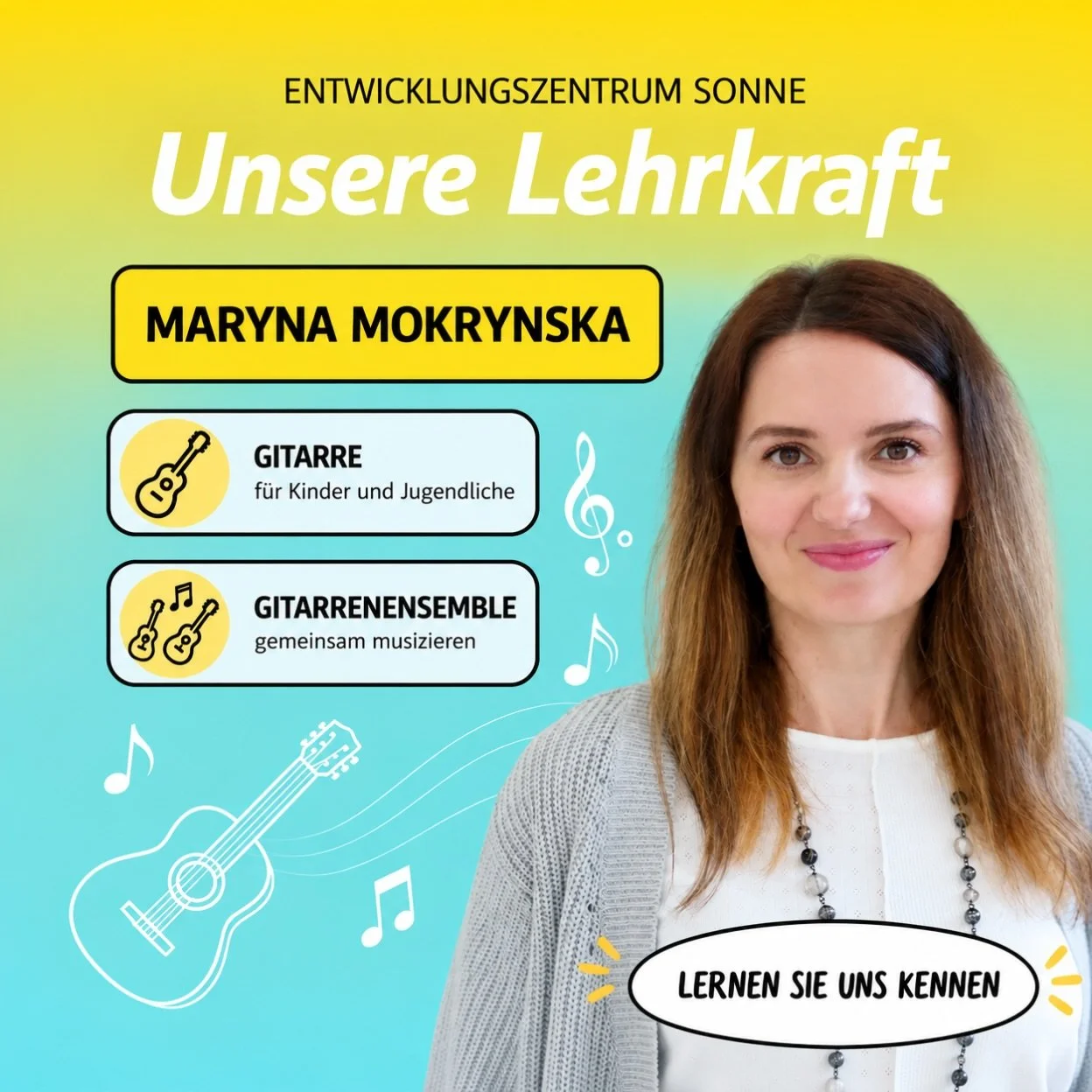 ☀️ Maryna Mokrynska &ndash; Gitarre &amp; Gitarrenensemble 

Musik begleitet Maryna Mokrynska schon seit vielen Jahren &ndash; als Gitarristin, S&auml;ngerin, Ensembleleiterin und P&auml;dagogin.

Ihre professionelle musikalische Ausbildung absolvier