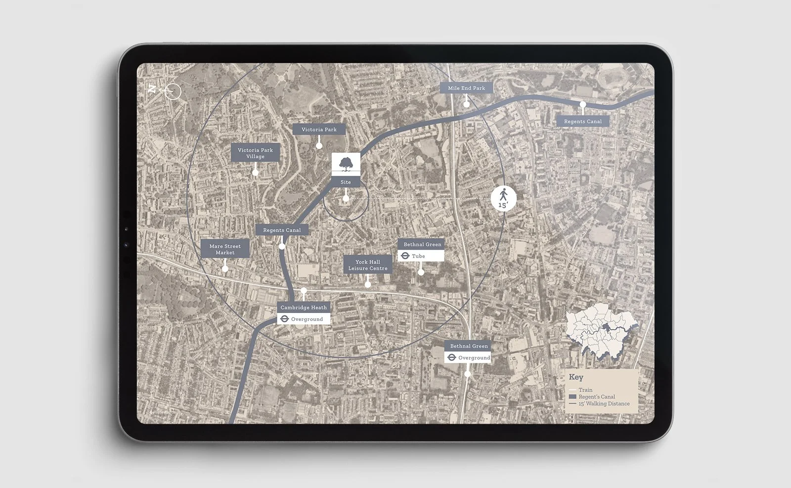 Digital brochure showing the are map with the different train stations, walking distances, etc from the site.