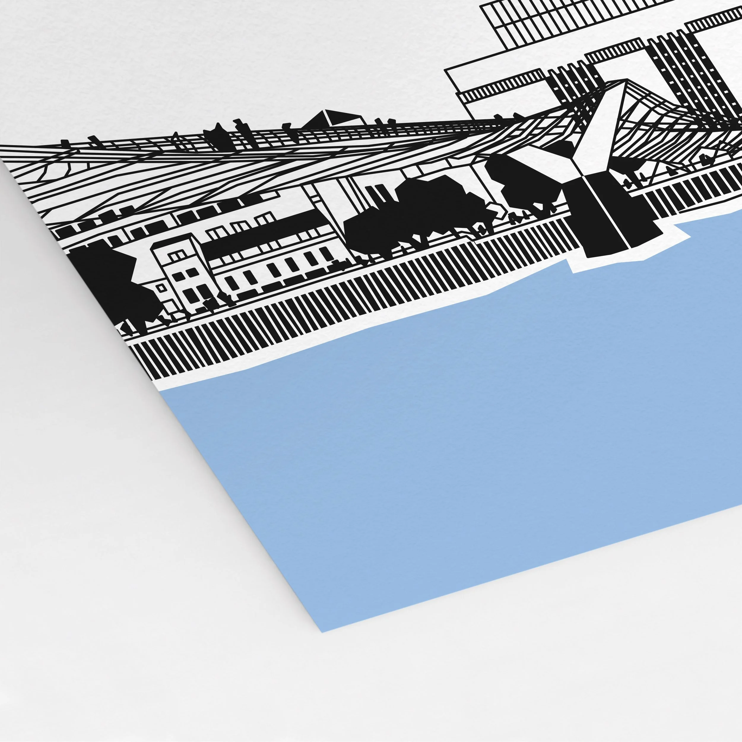 Angled close-up of the Tate Modern print, showing the riverside façade, Millennium Bridge and fine black architectural linework.