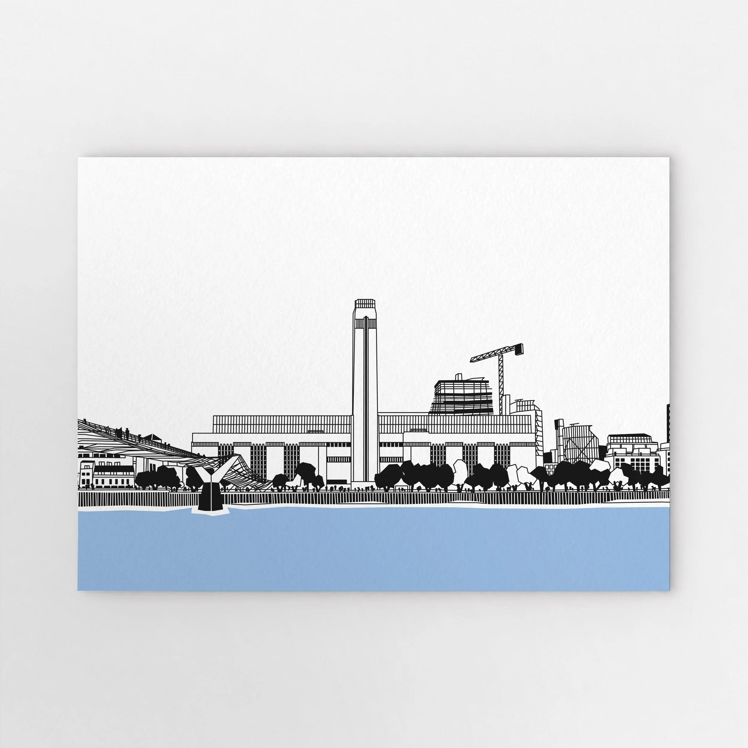 Tate Modern art print by Pablo Jorge, showing the red power station and chimney across the Thames, beneath a pale blue sky.