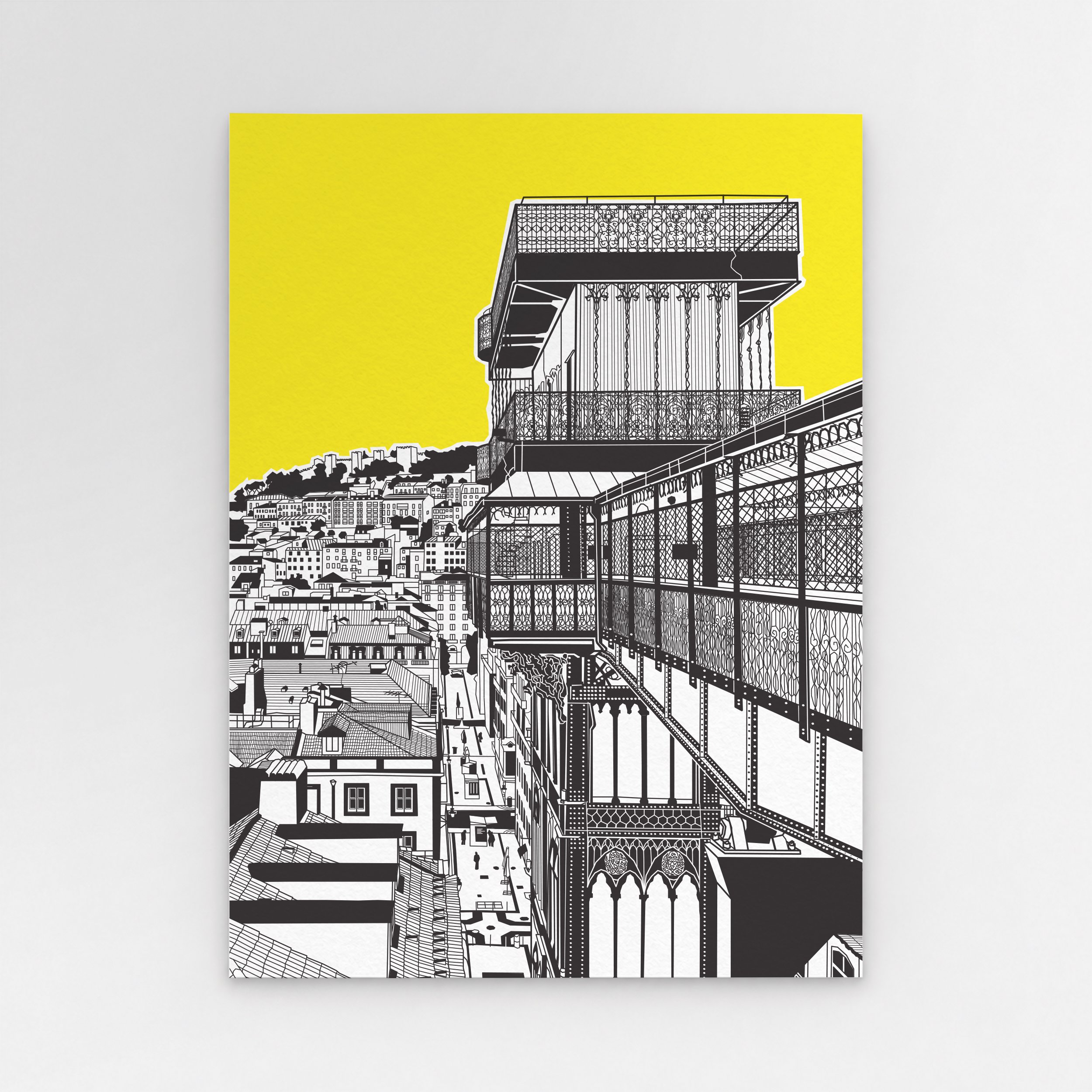 Illustration of the Santa Justa Lift with São Jorge Castle and the rooftops of Alfama in the background.