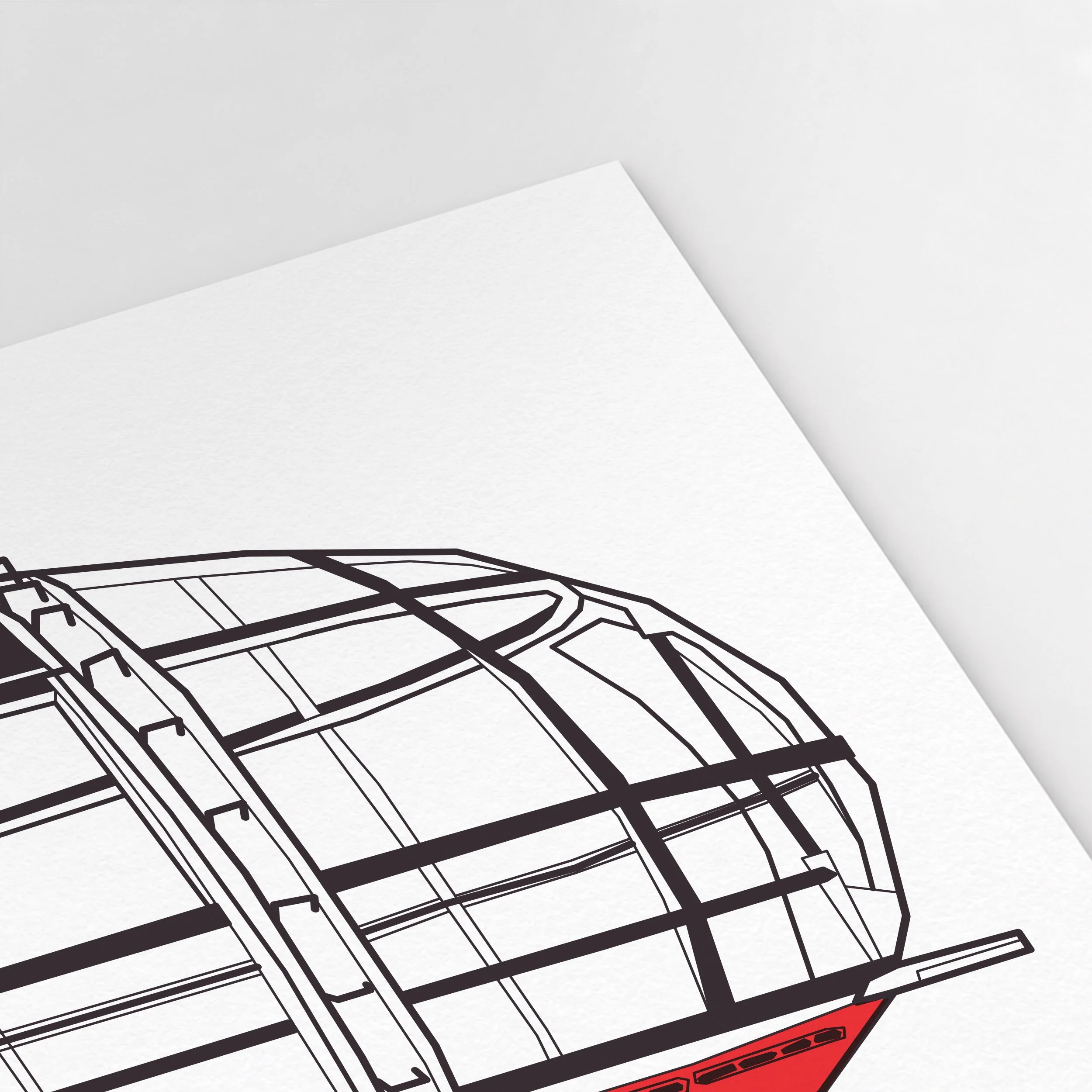 Detail of Pablo Jorge’s London Eye capsule illustration, highlighting the curved glazing framework and red panels in precise black linework.