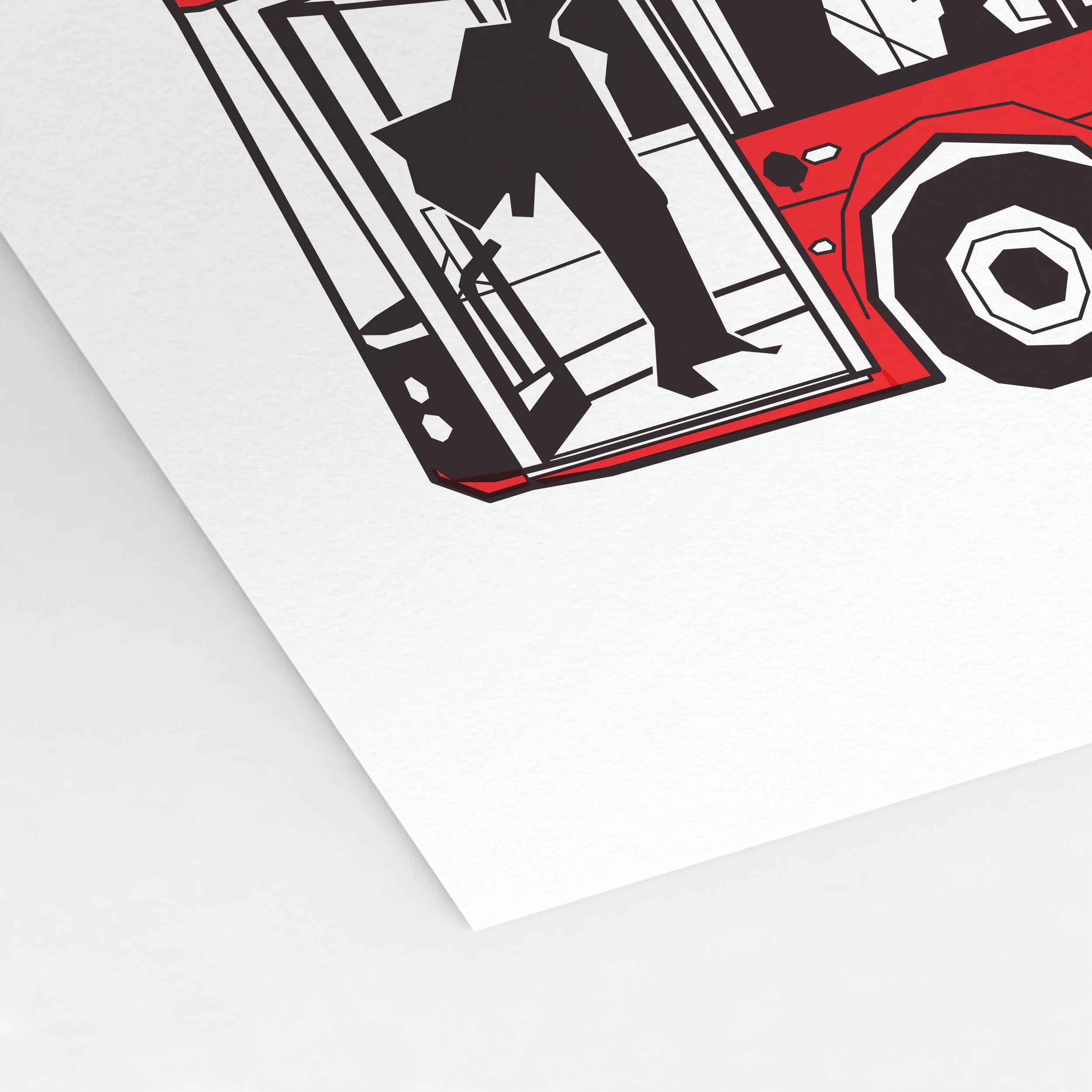 Close-up of Pablo Jorge’s London bus illustration, showing passenger silhouettes and fine black linework against red bodywork.