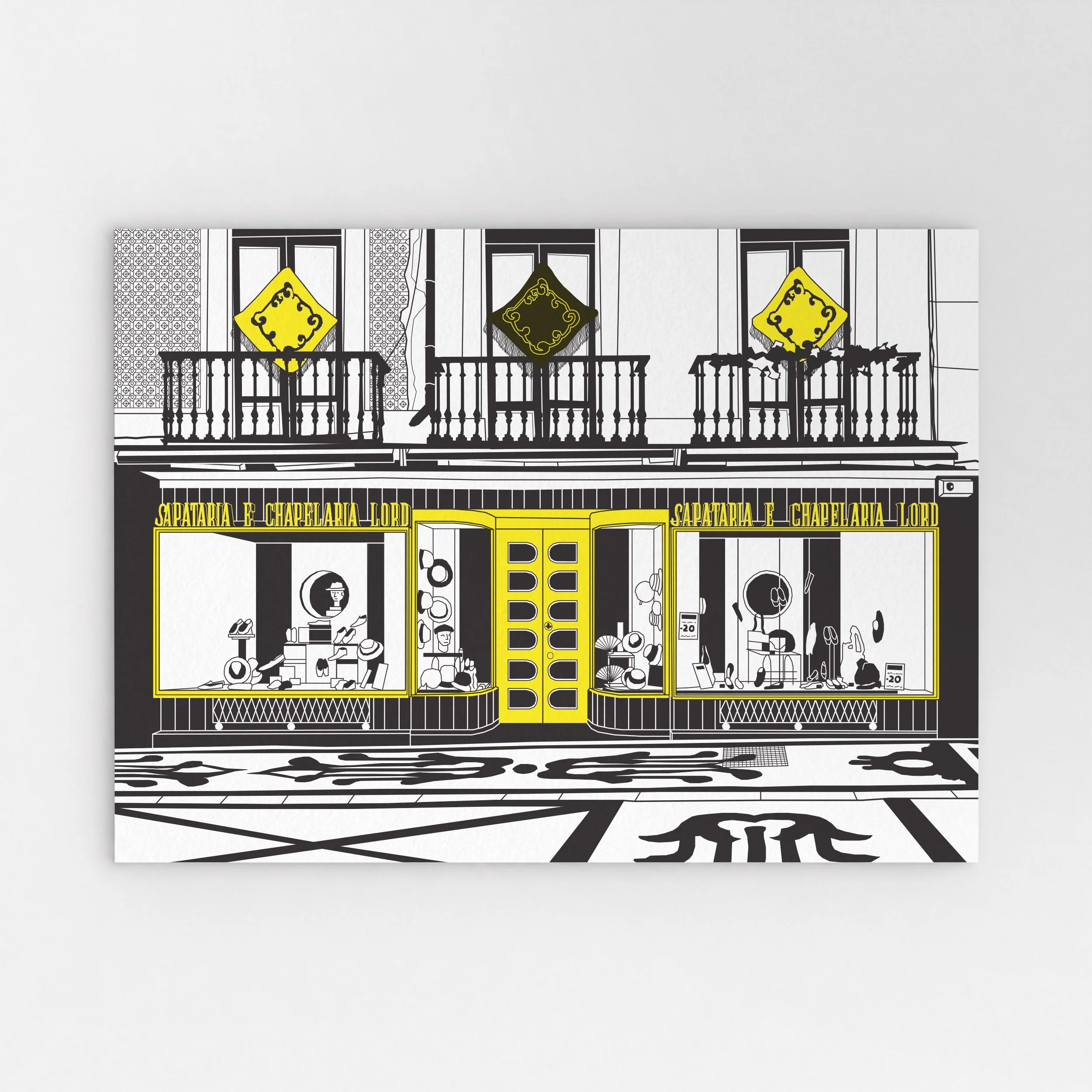 Illustration of the former Sapataria e Chapelaria Lord shopfront on Rua Augusta in Lisbon.