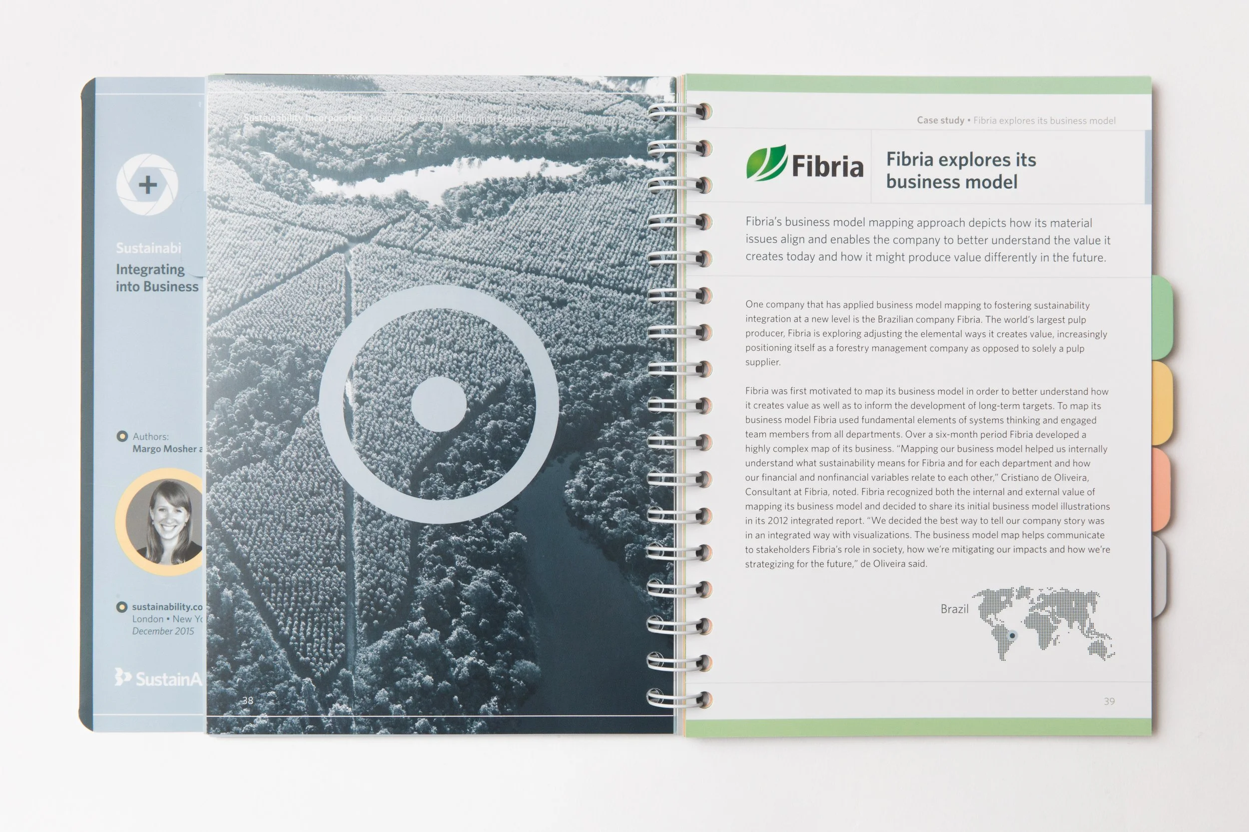 Spread of the sustainability guide showing the wired spine and a typical intro page for a case study. Full image on yellow overlay on left and intro text on the right.