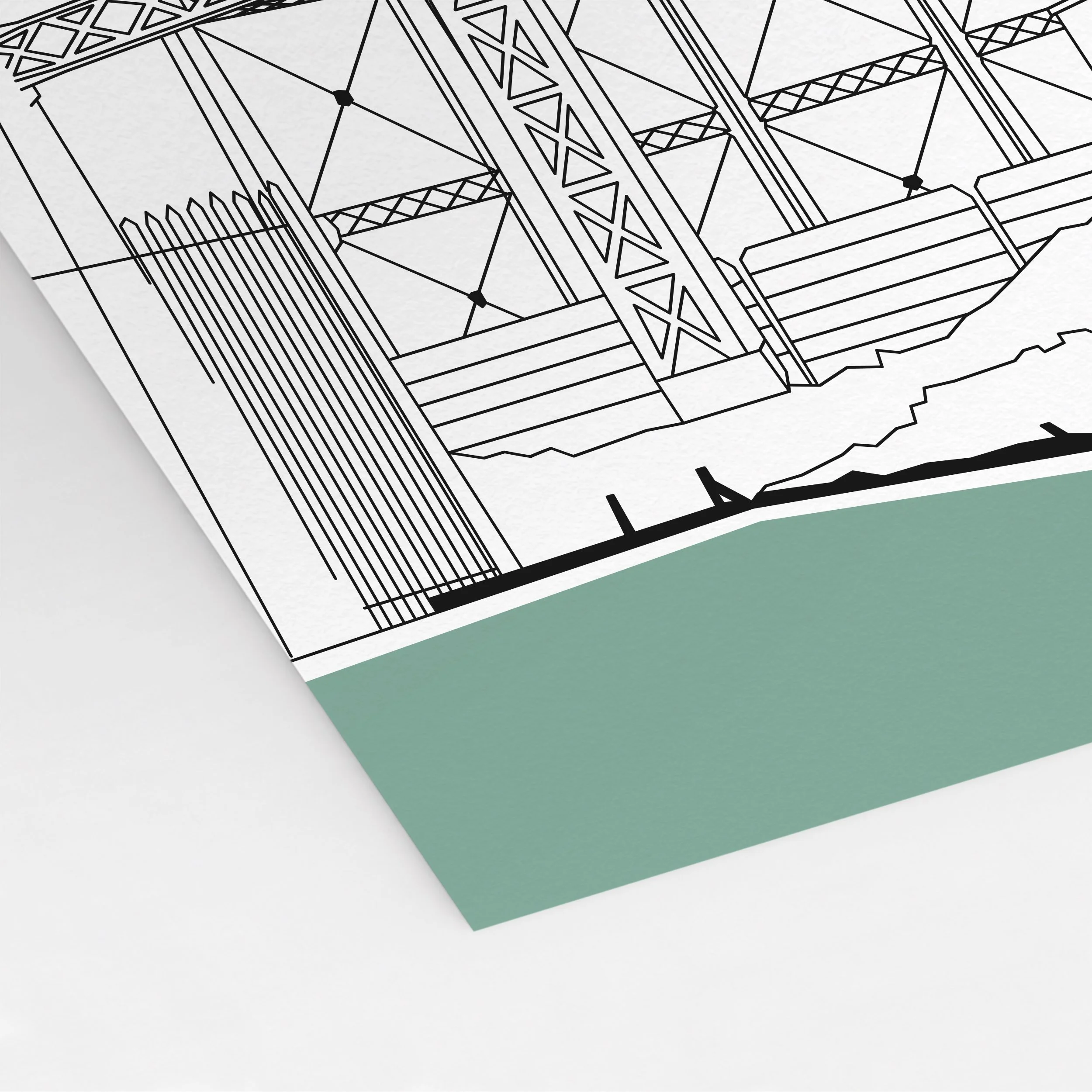 Detail of Pablo Jorge’s Battersea gasholder illustration, showing the industrial structure’s linework.