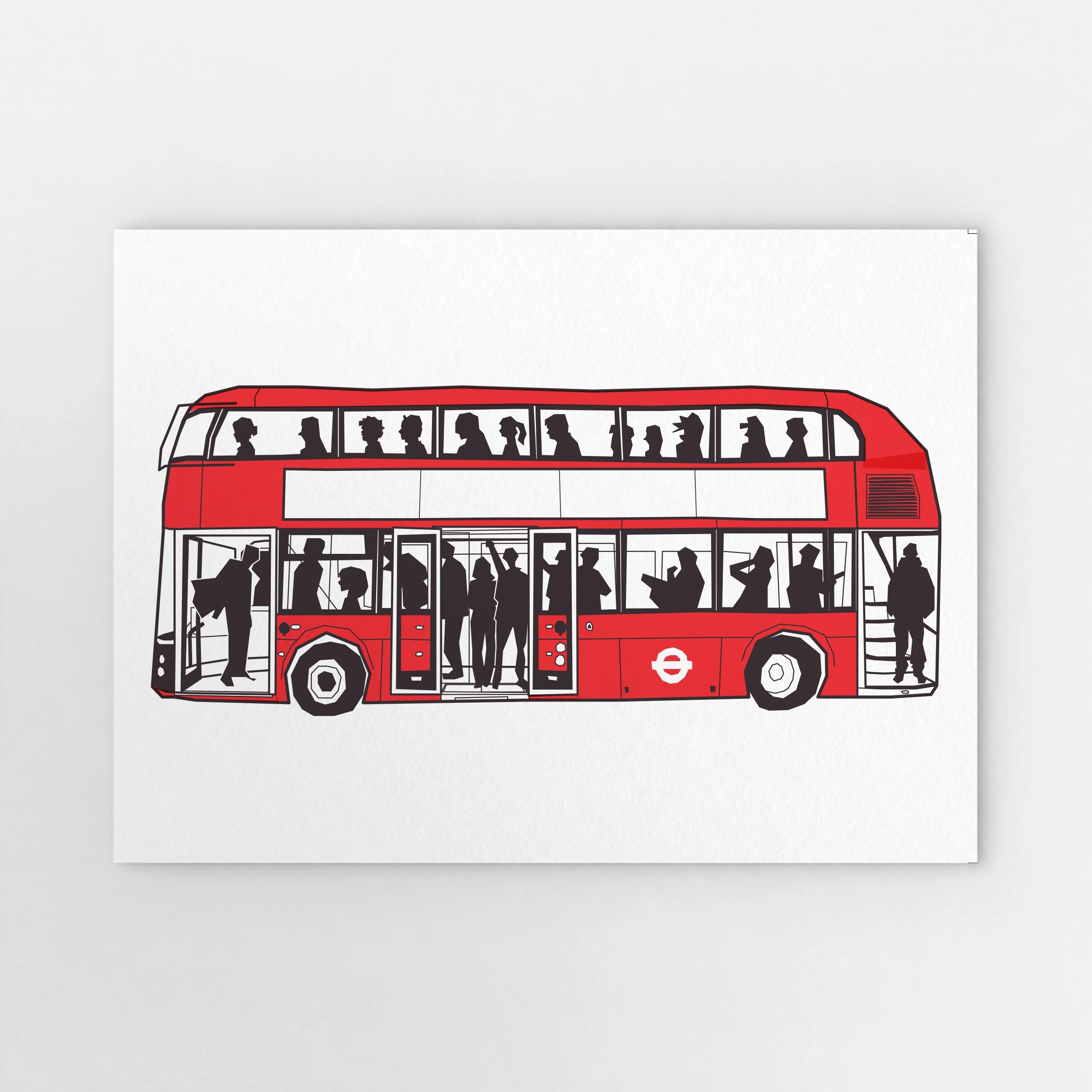 Side view of a red London New Routemaster bus, with black passenger silhouettes across both decks, three entrances and a white advertising panel.