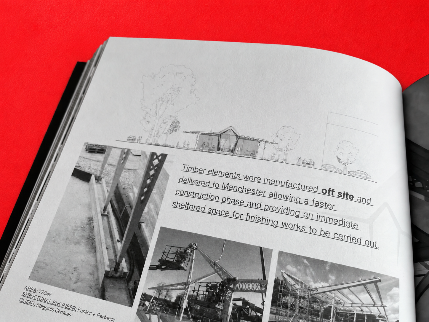 Detail of left page with black and white images and descriptive text on uncoated paper and over red table.
