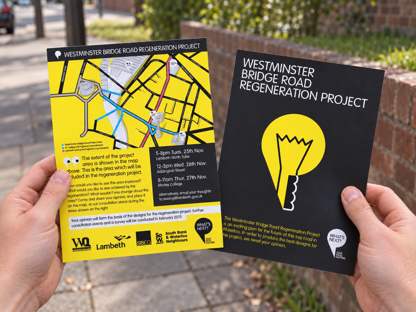 Front and back of an A5 flyter with the yellow and black brand colours showing the regeneration areas map and the main pictogram of light bulb and speech mark.