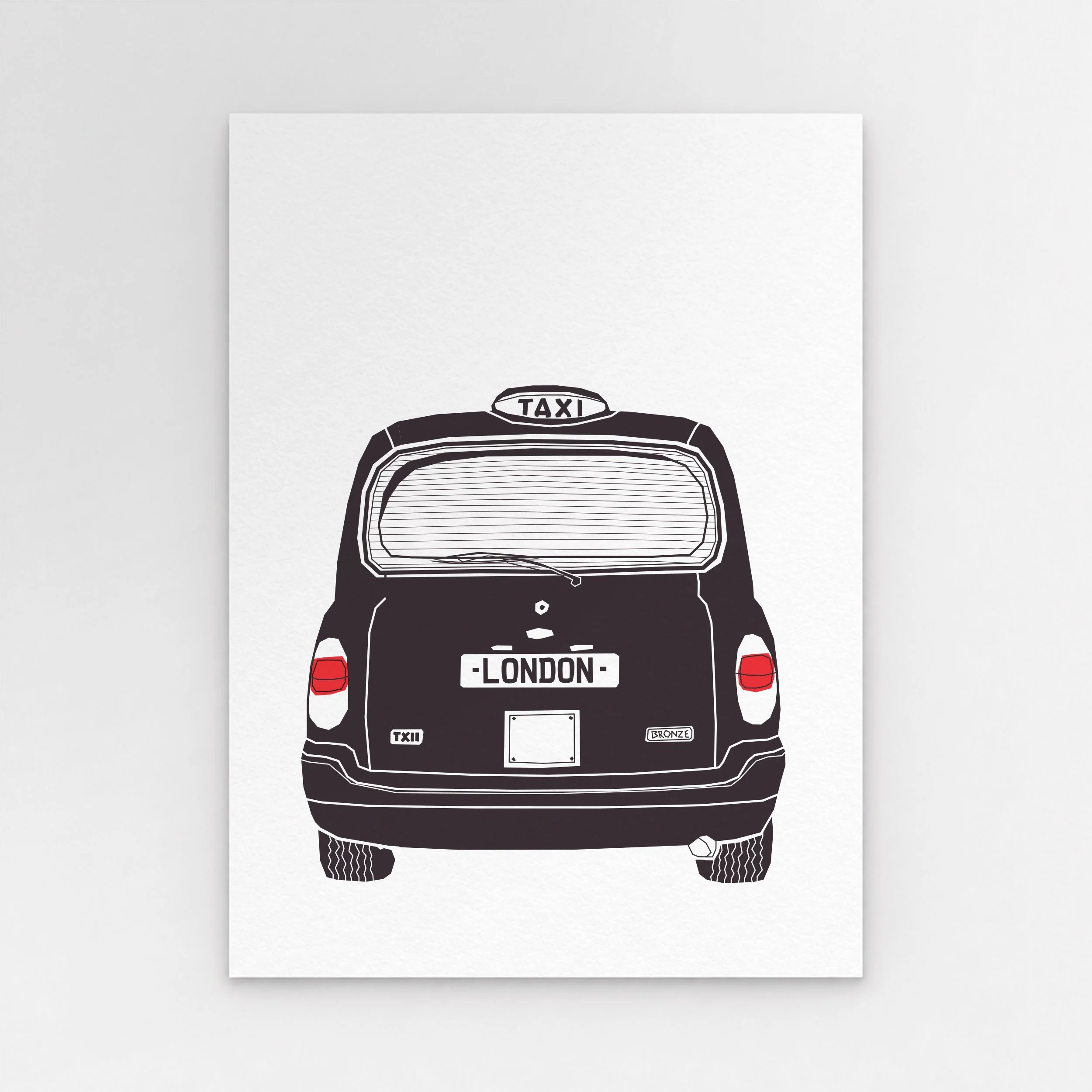 Rear view of a London black cab, with a rounded rear window, roof-mounted TAXI sign, red tail lights and a plate reading “LONDON”.