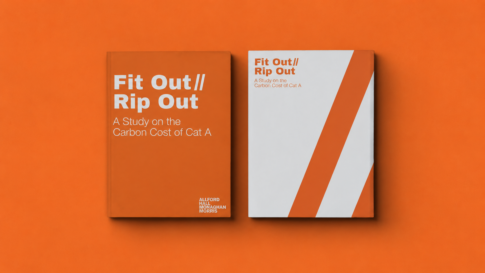 Two books titled 'Fit Out//Rip Out' placed on an orange background. The left book has an orange cover, and the right book has a white cover with orange diagonal stripes.
