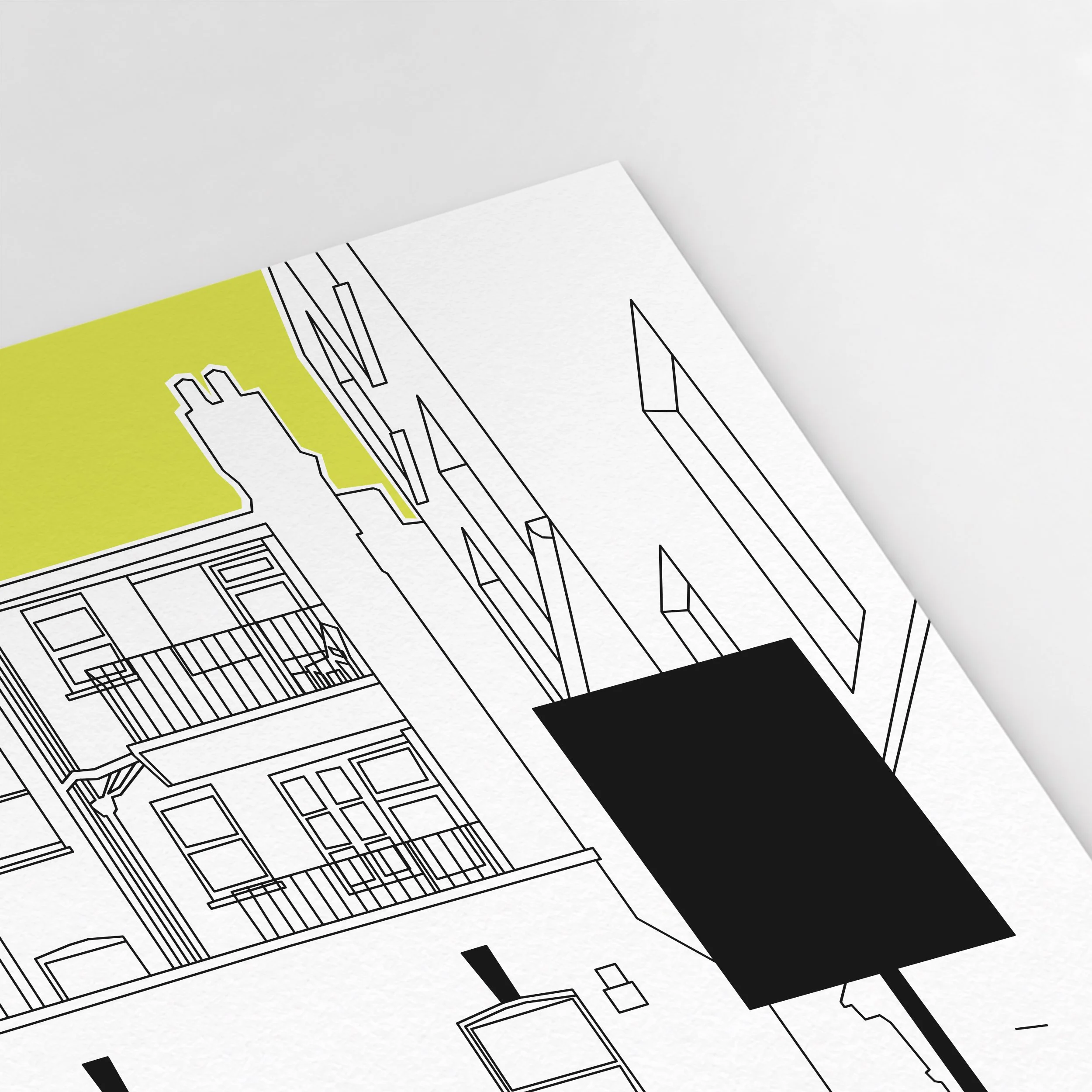Close-up of Pablo Jorge’s London Back Street illustration, combining fine architectural lines with solid black shapes and yellow accents.