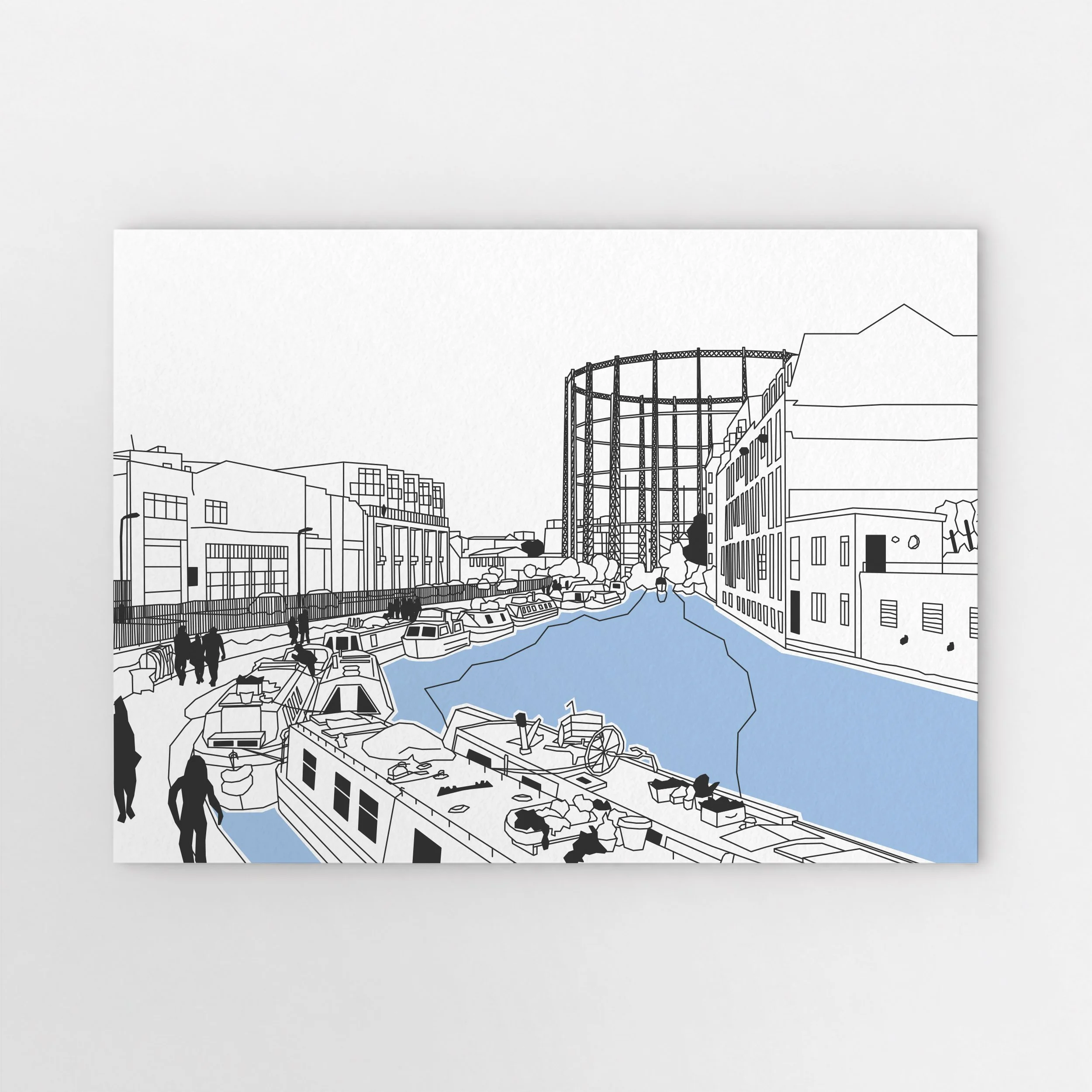 Regent’s Canal art print by Pablo Jorge, showing narrowboats, towpath walkers and a gas holder near Broadway Market in East London.