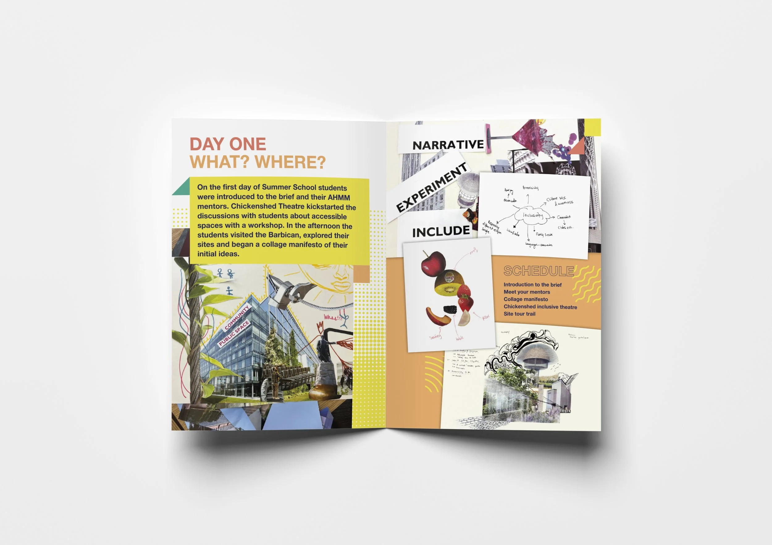 Section opening spread of the summer school booklet with a collage of atendee's projects and an intro text within a yellow box.