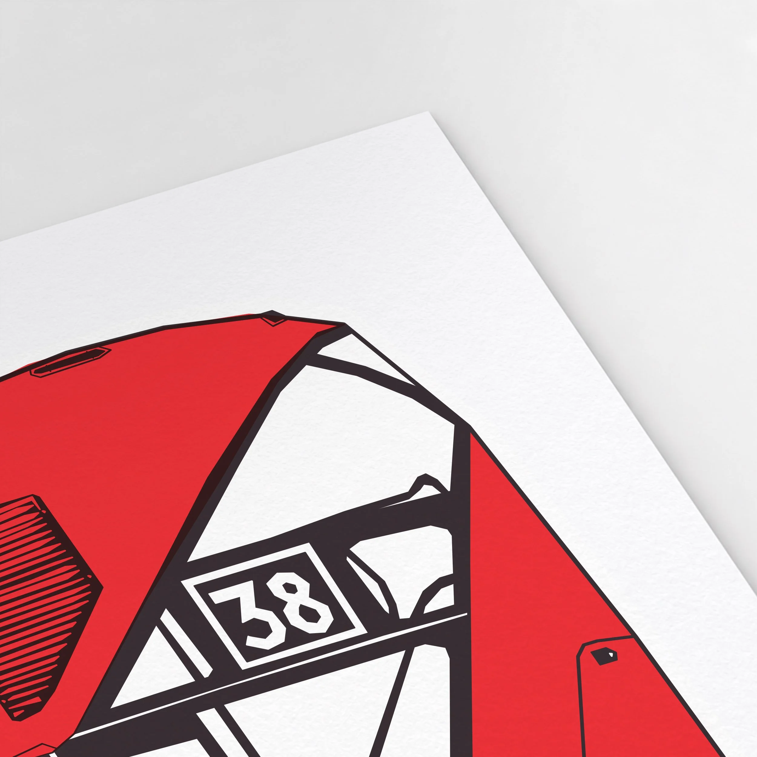 Close-up of Pablo Jorge’s London bus illustration, showing bold red bodywork and black linework from the rear view.