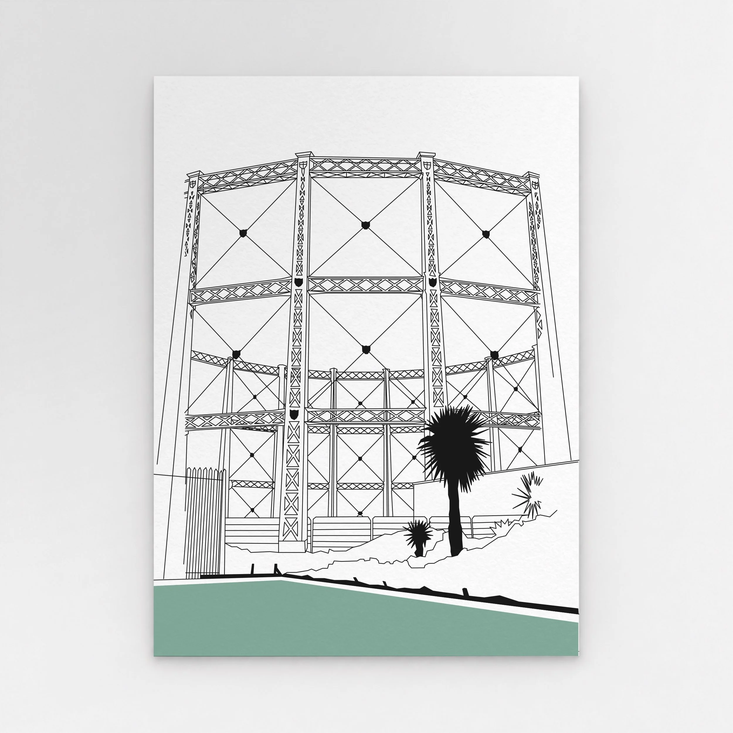 Illustration of a disused gasholder behind Battersea Dogs & Cats Home in South London, by Pablo Jorge.