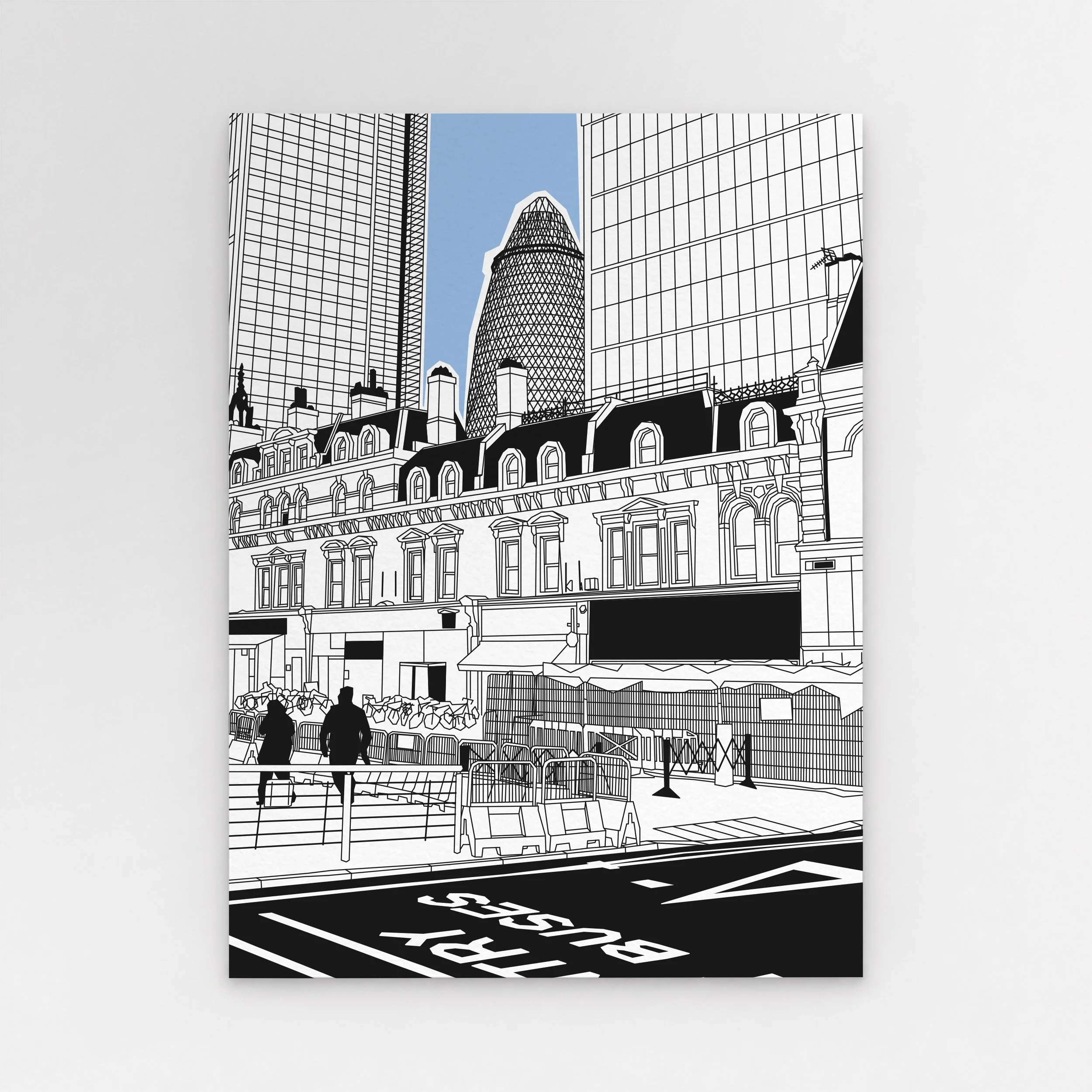 The Gherkin art print by Pablo Jorge, showing the tower behind older City buildings, with red figures and blue and green architectural details. (Copy)