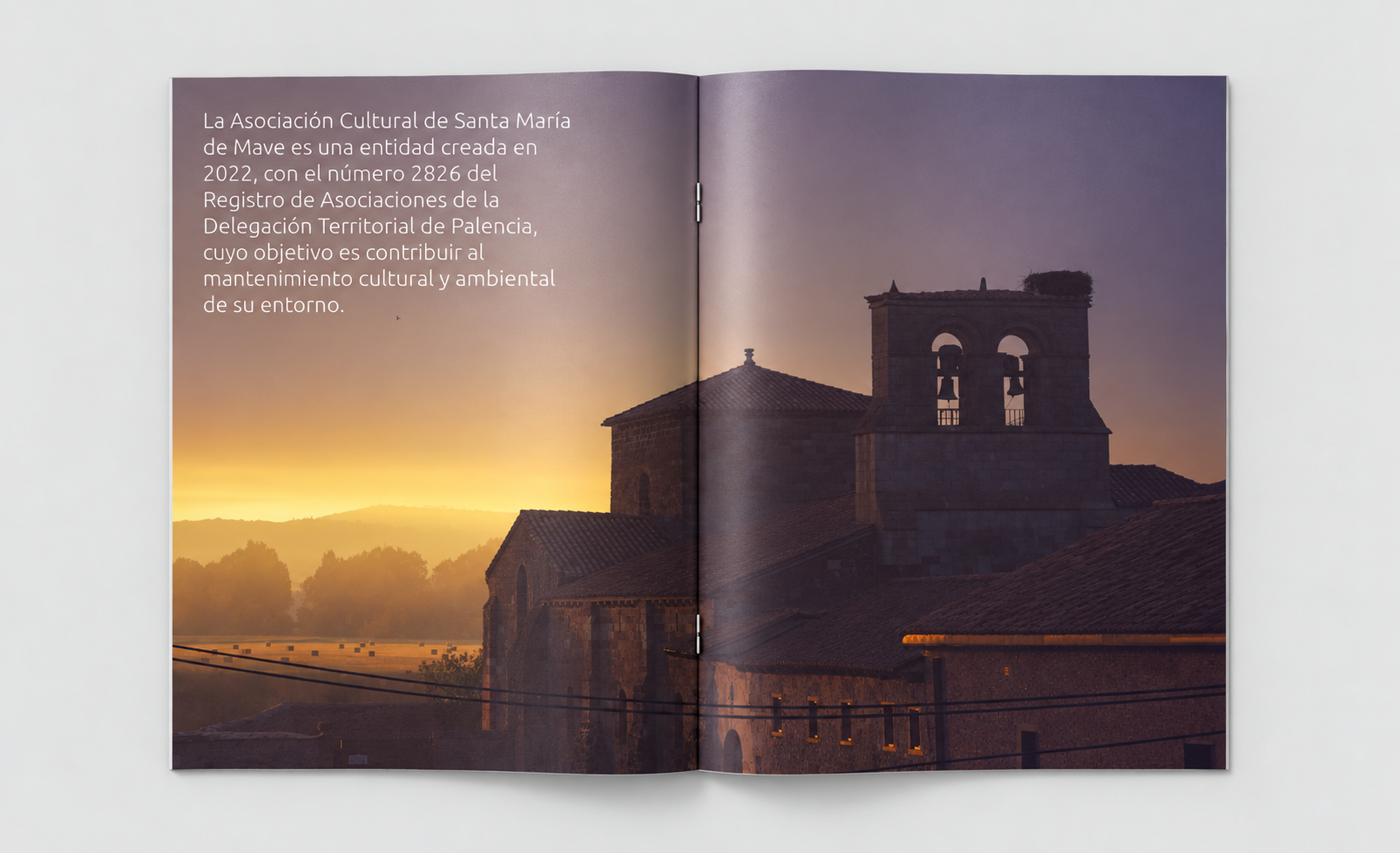 Opening spread of the Association showing a chirt at sunrise with some introduction text on the top left hand side.