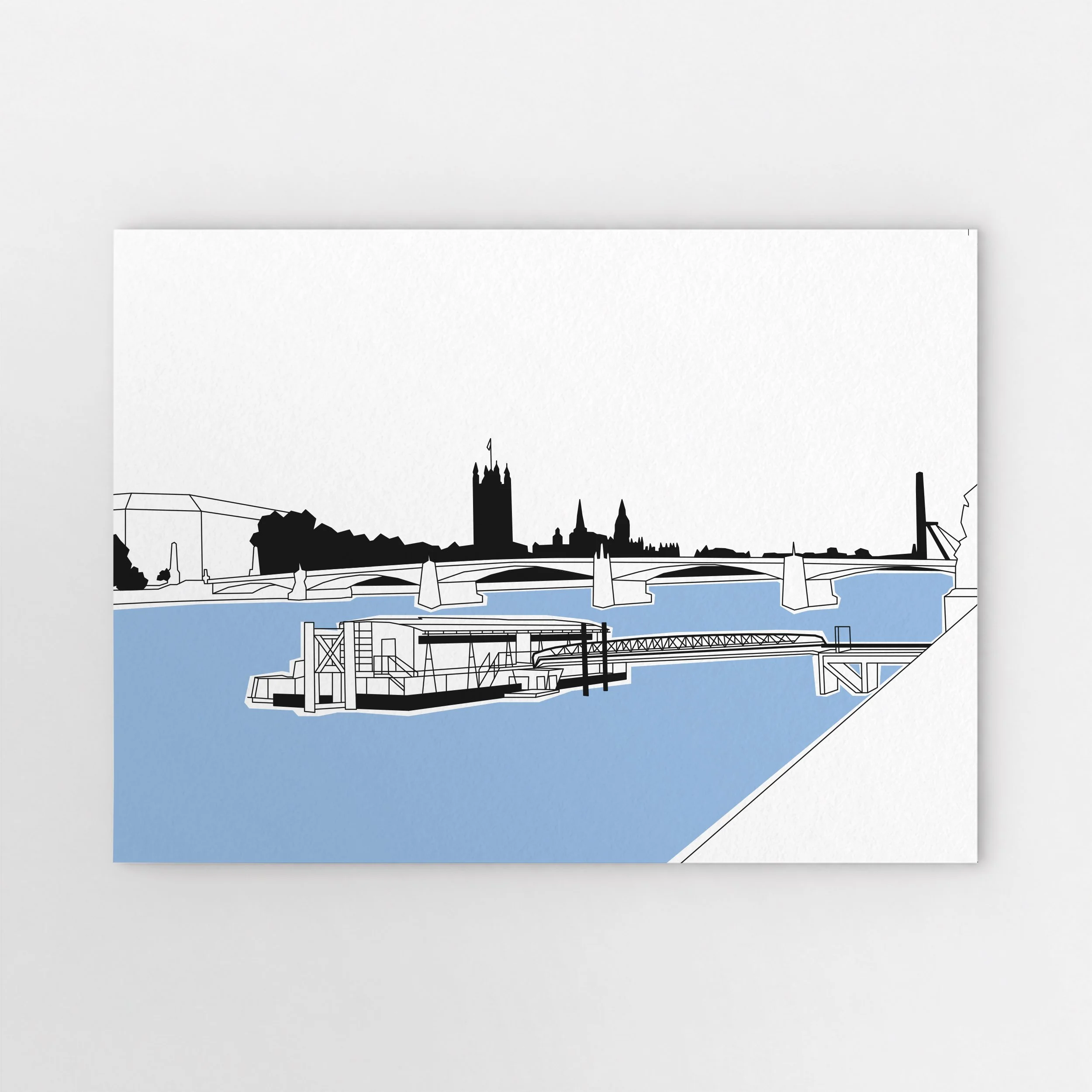 Illustration of Lambeth Bridge crossing the River Thames, with Westminster Abbey in the background.