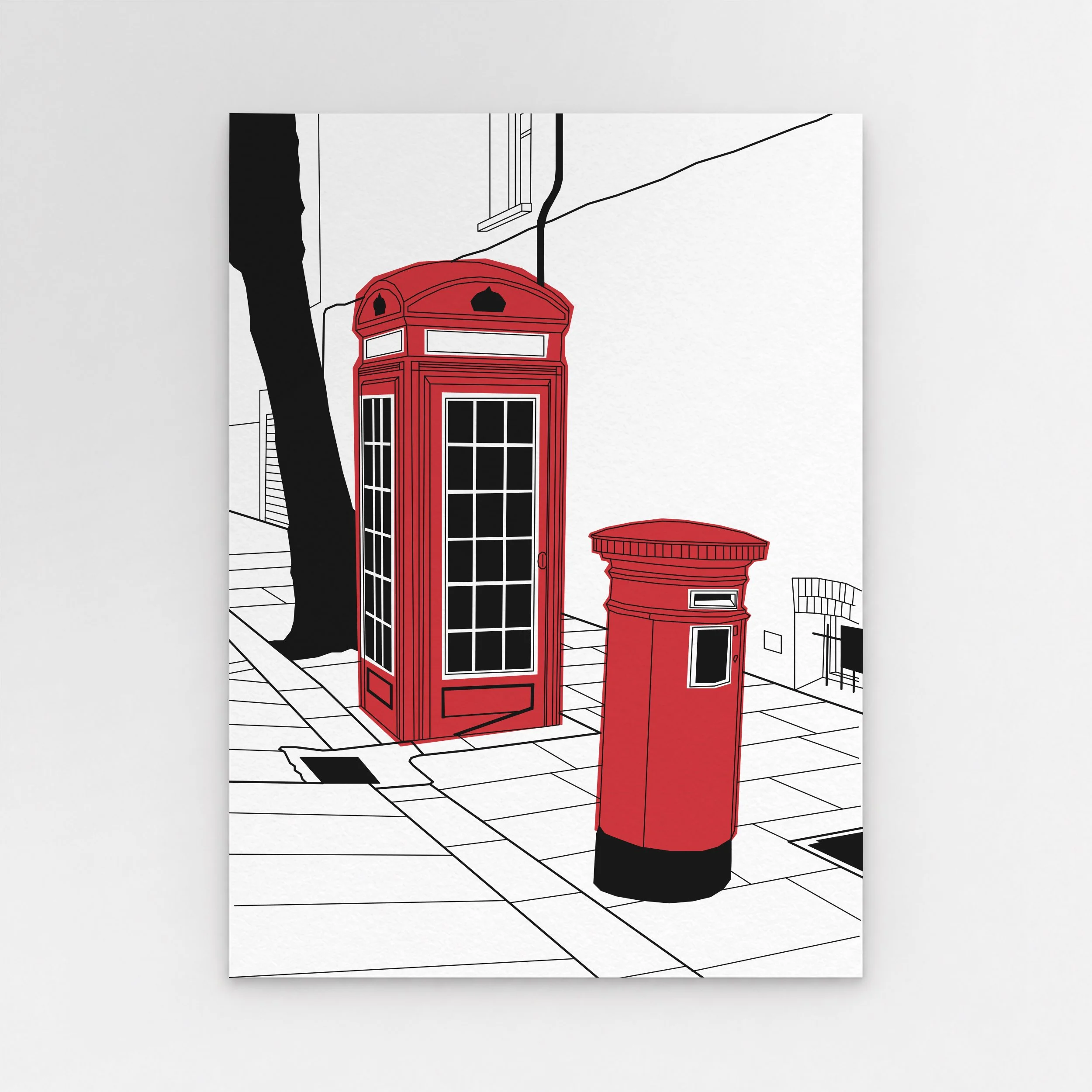 Illustration of a traditional red London telephone box, by Pablo Jorge.
