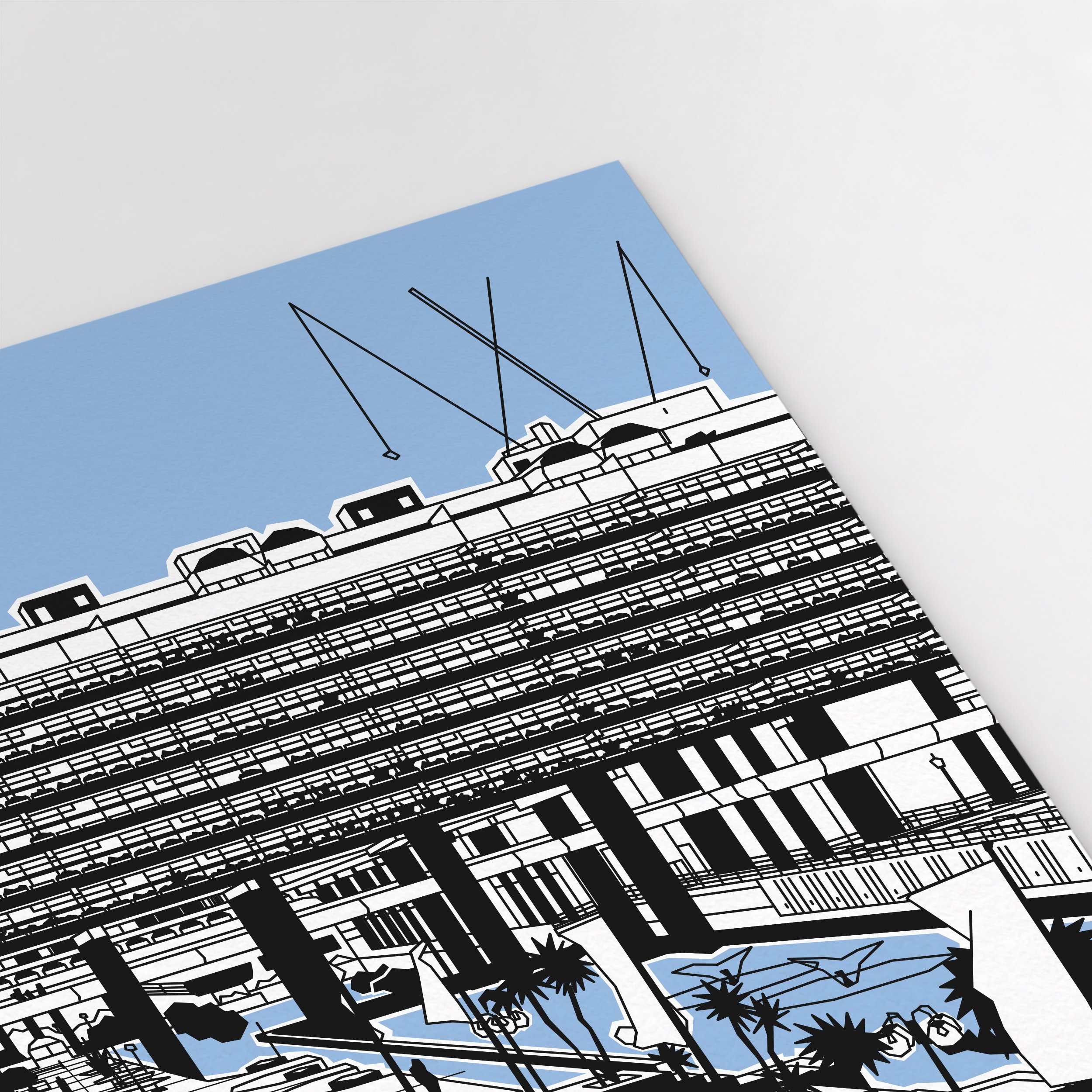 Close-up of the Barbican print, showing repeating balconies, red horizontal details and rooftop forms in fine black linework (Copy)