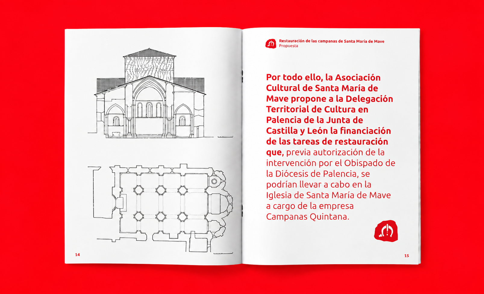 Content spread showing a church elevation and plan and some main text in red on the left hand side.