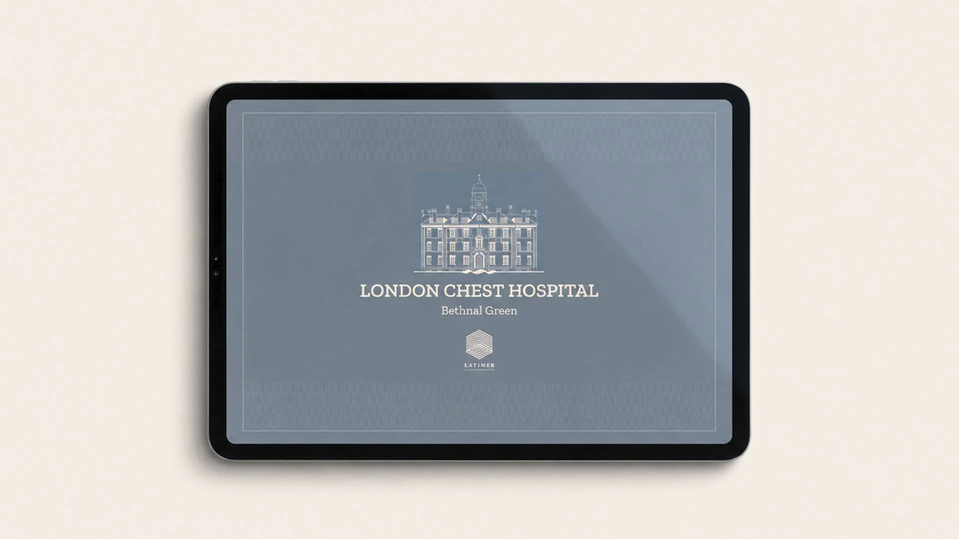 Digital tablet displaying logo and name of London Chest Hospital, Bethnal Green, with a detailed illustration of a historic building above the text.