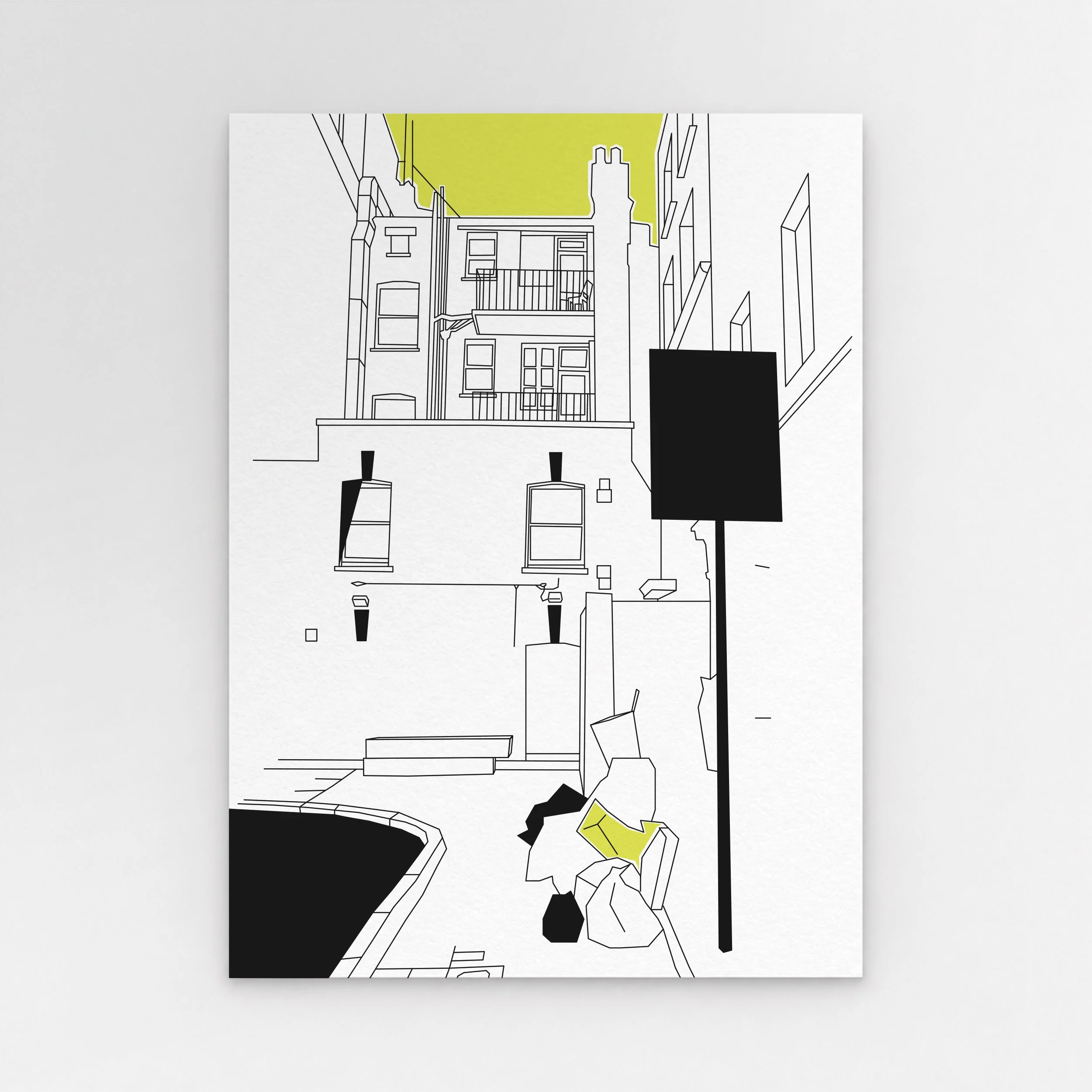 London back-street illustration showing rear façades, balconies, chimney pots and pavement rubbish beneath a yellow sky, with a solid black street sign in the foreground.