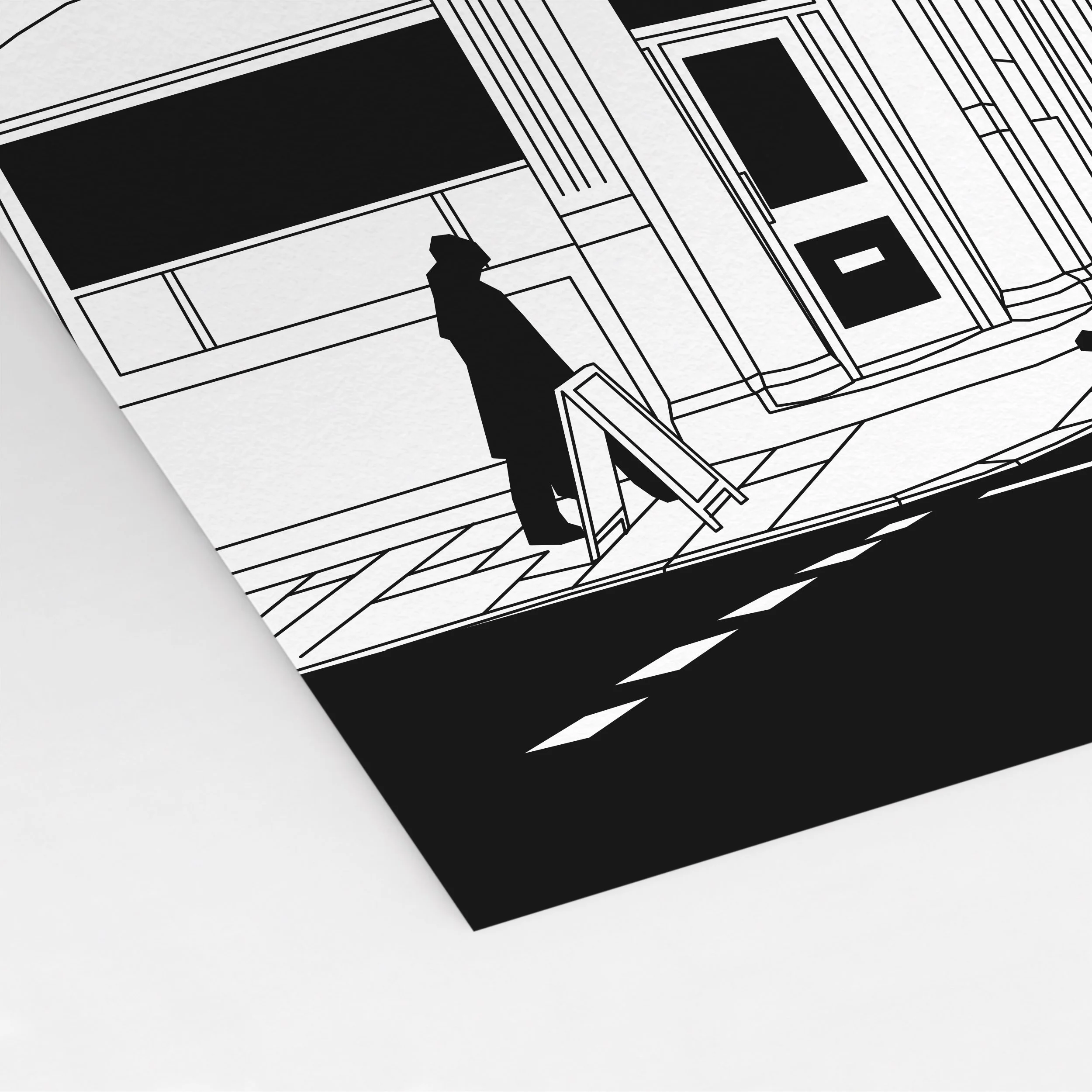 Close-up of Pablo Jorge’s Black Prince Road illustration, combining architectural linework, solid black shadows and bright pink accents.