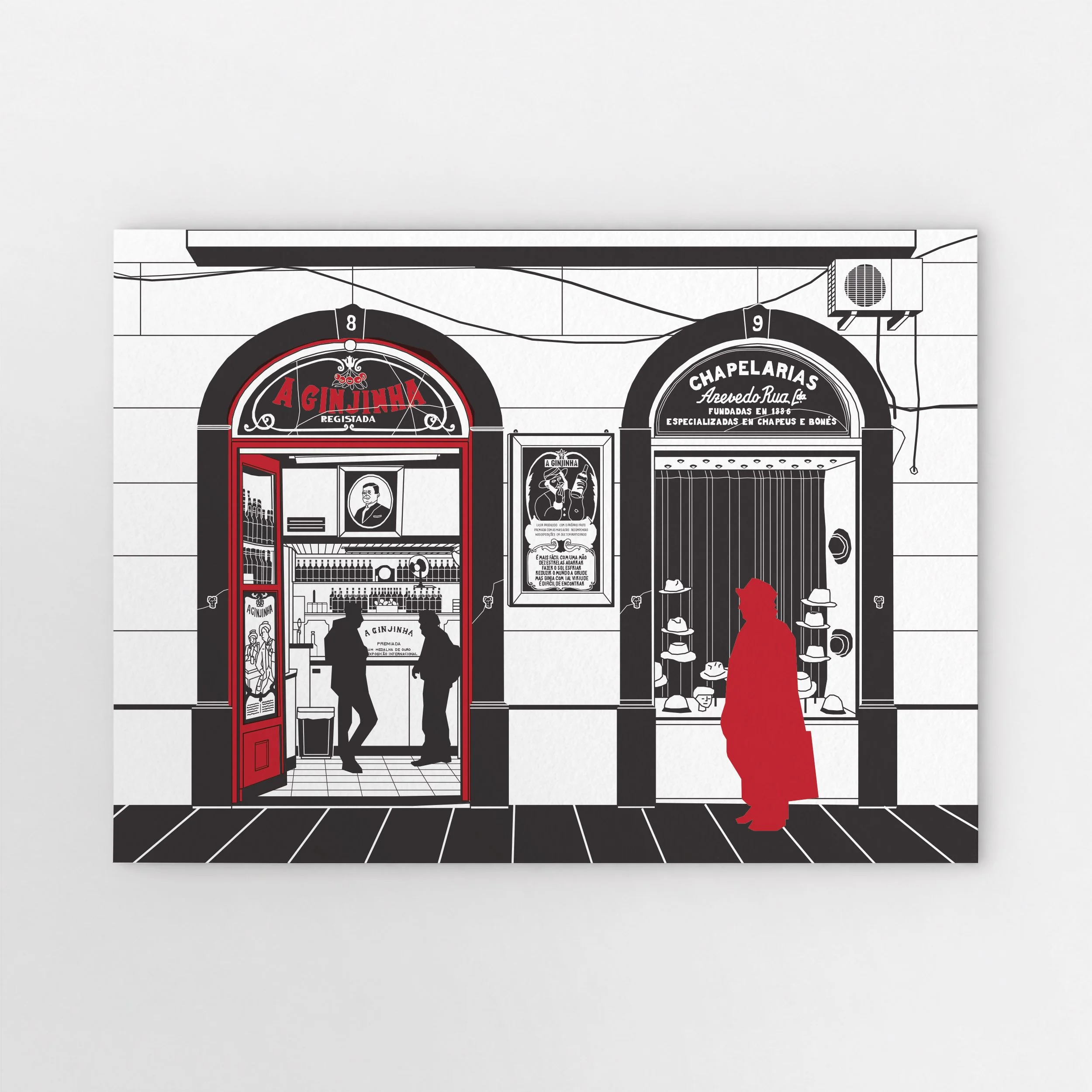 Illustration of A Ginjinha’s open-front bar and the Chapelaria Azevedo Rua hat shop in central Lisbon.