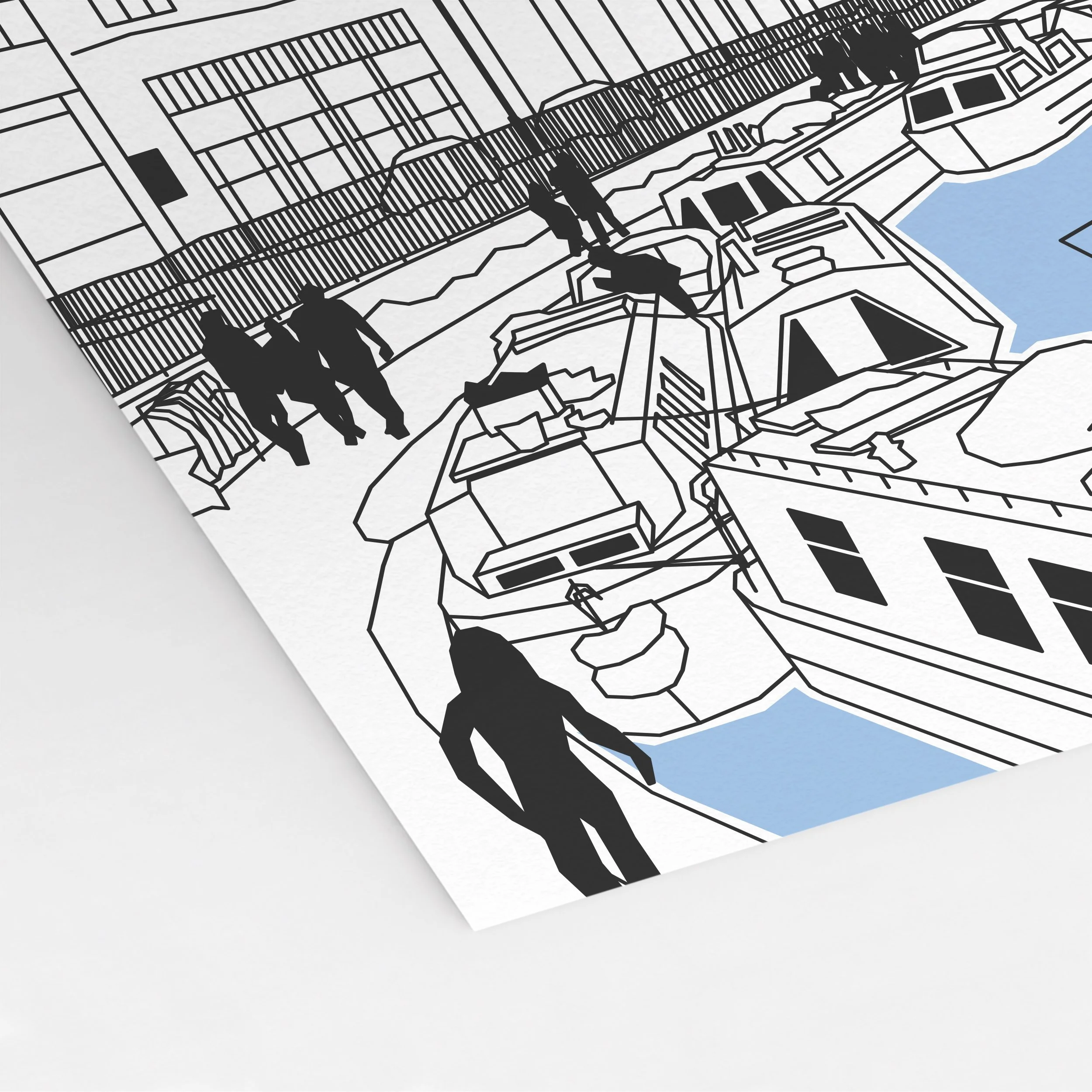 Angled close-up of the Regent’s Canal print, showing the gas holder’s iron framework, canalside buildings and blue water.