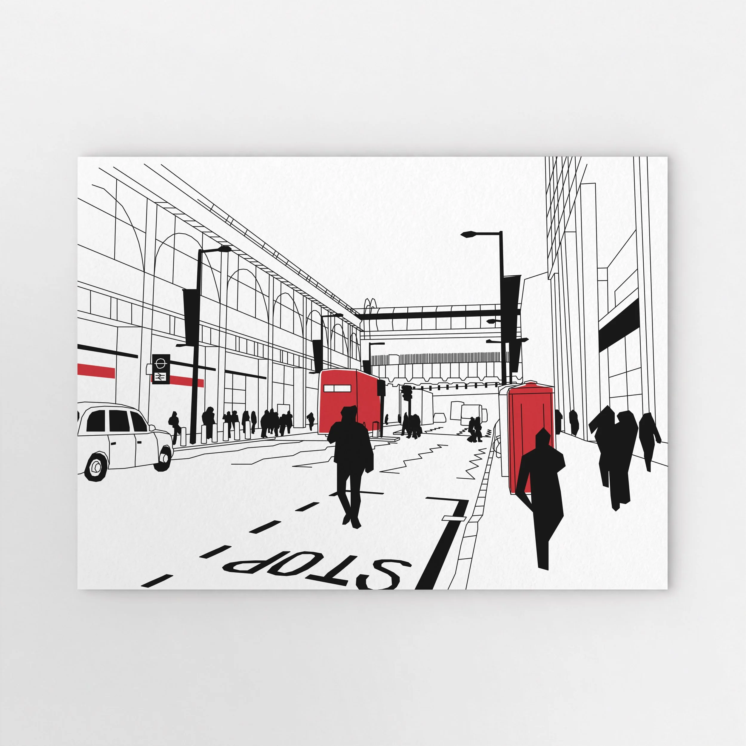 Illustration of London Waterloo railway station viewed from Waterloo Road, by Pablo Jorge.