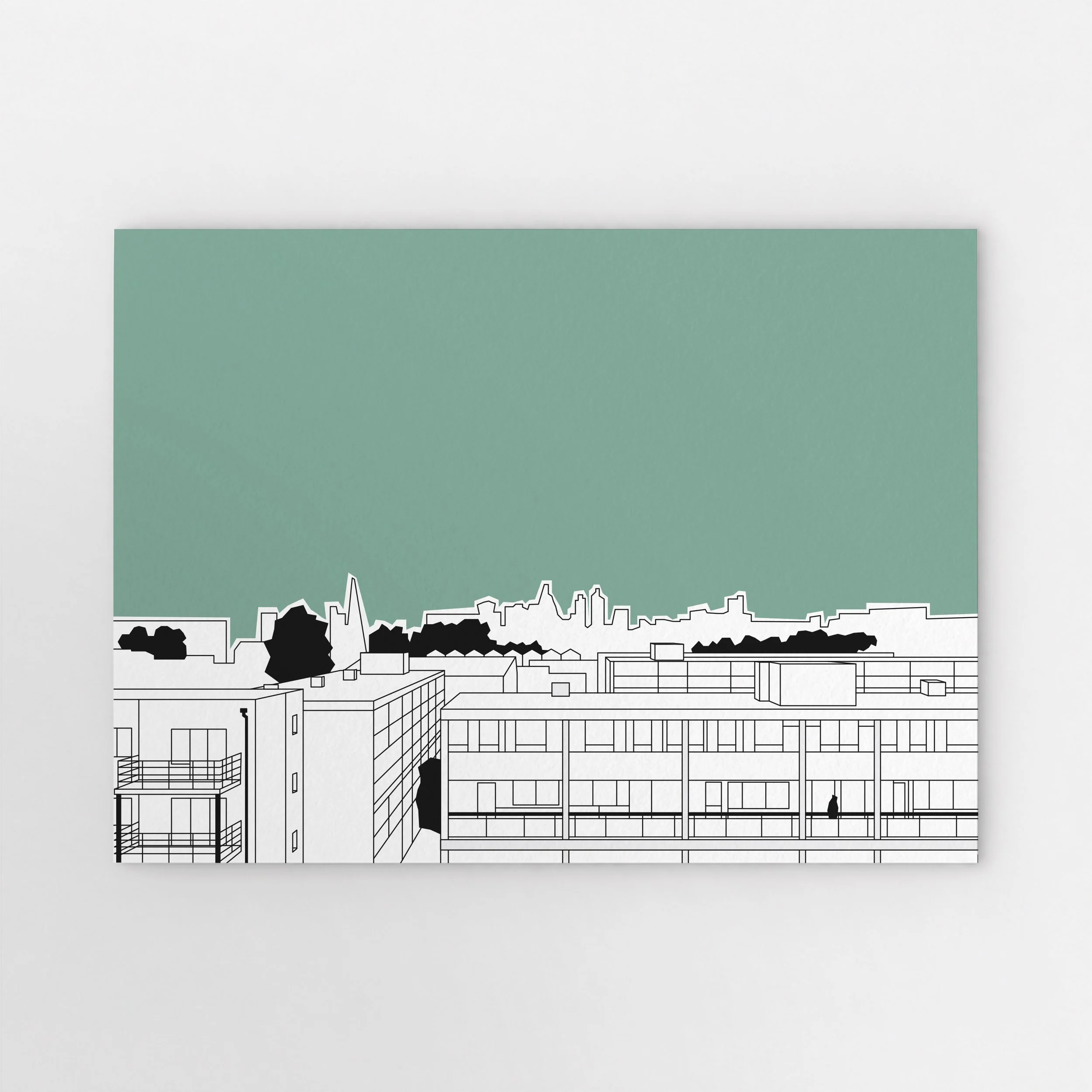 London skyline viewed from South London, with residential blocks and balconies in the foreground, dark trees and distant towers beneath a teal-green sky.