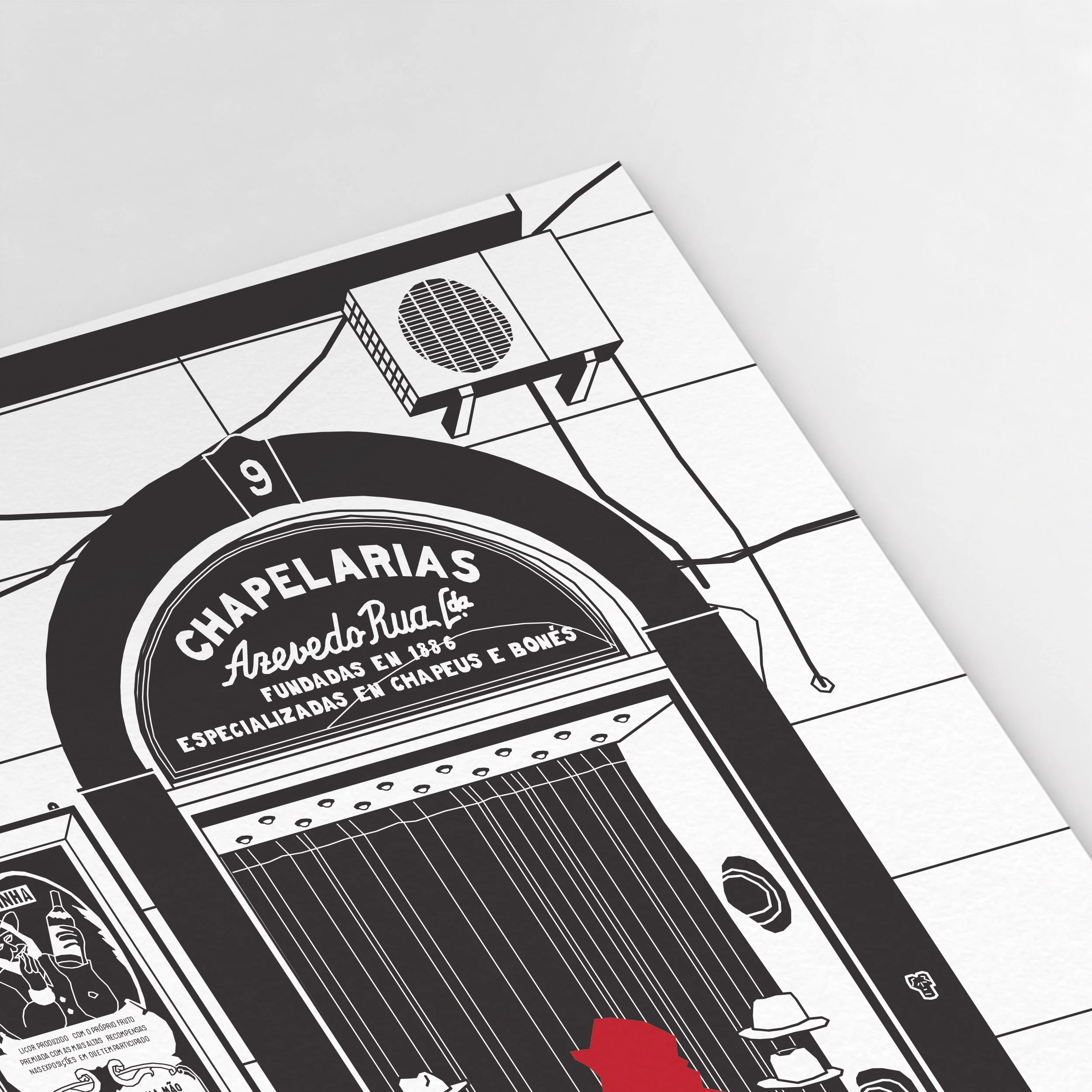 Detail of the shopfront lettering and bar frontage in the A Ginjinha and Azevedo Rua illustration.