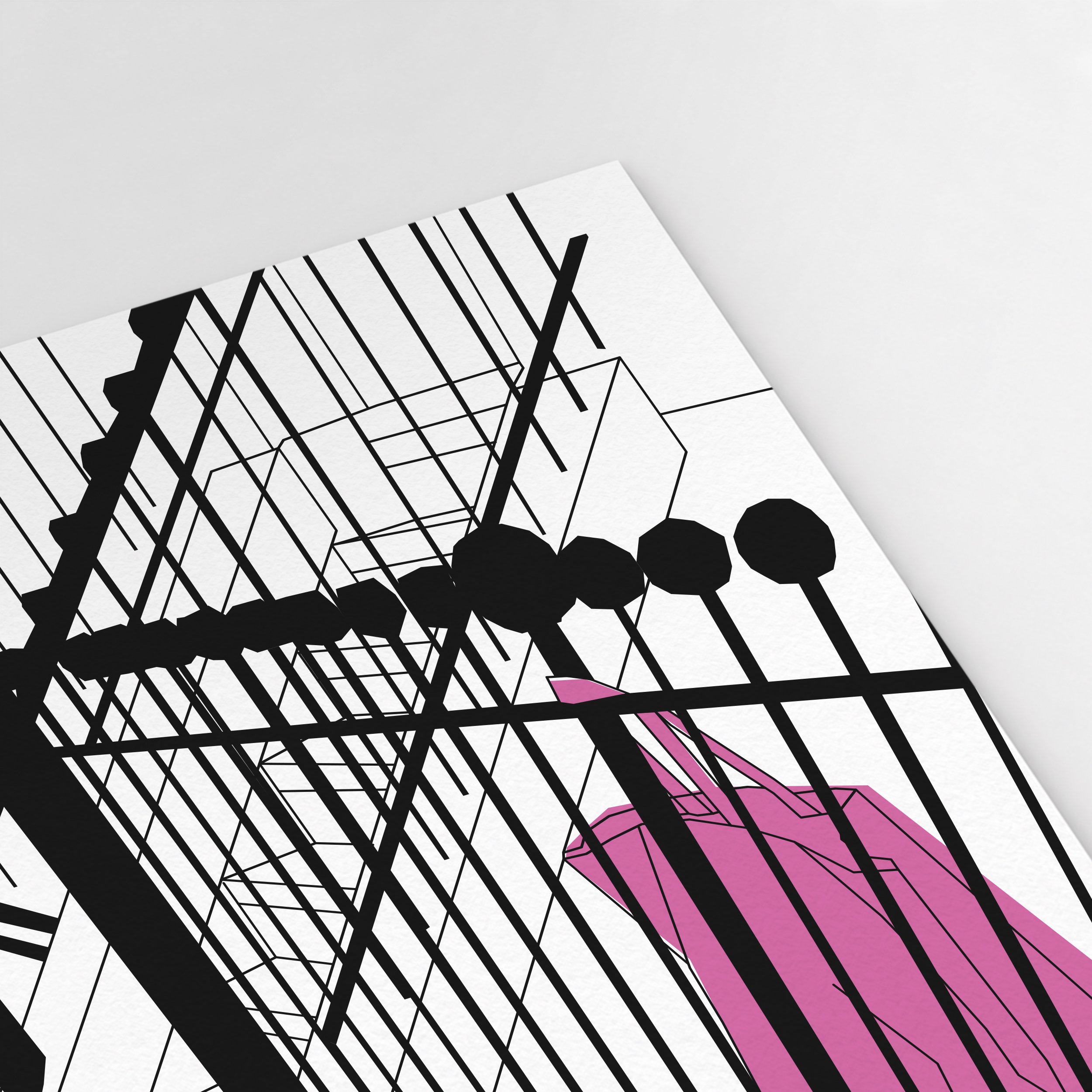 Detail of the London street illustration, combining black architectural linework with bright pink accents.