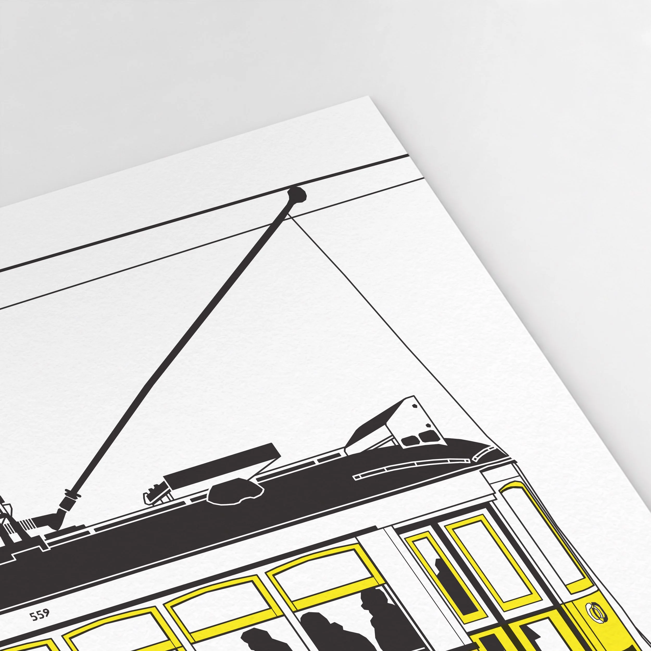 Detail of the windows and bodywork in Pablo Jorge’s side-view Lisbon tram illustration.